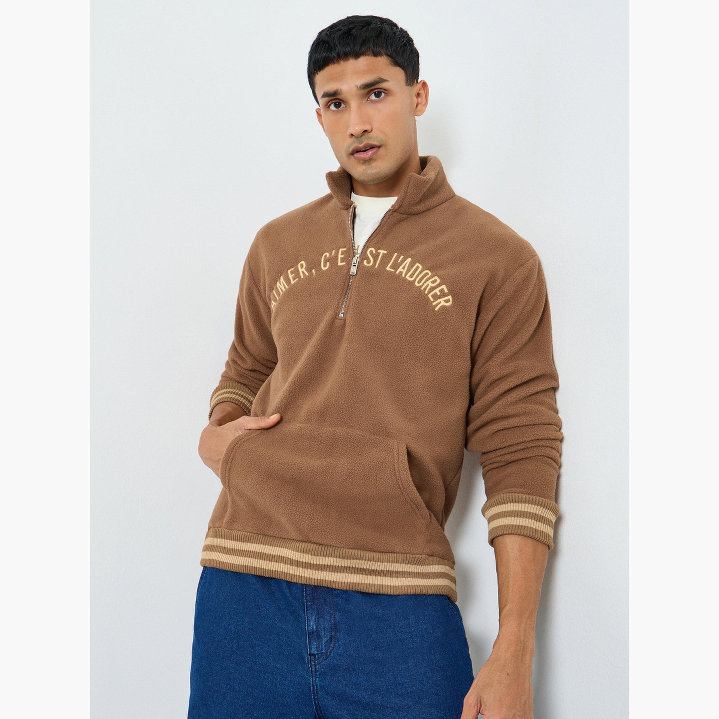 Styli Men Brown Fleece Zip Collar Sweater-men-winterwear-hoodiesandsweatshirts-image-1