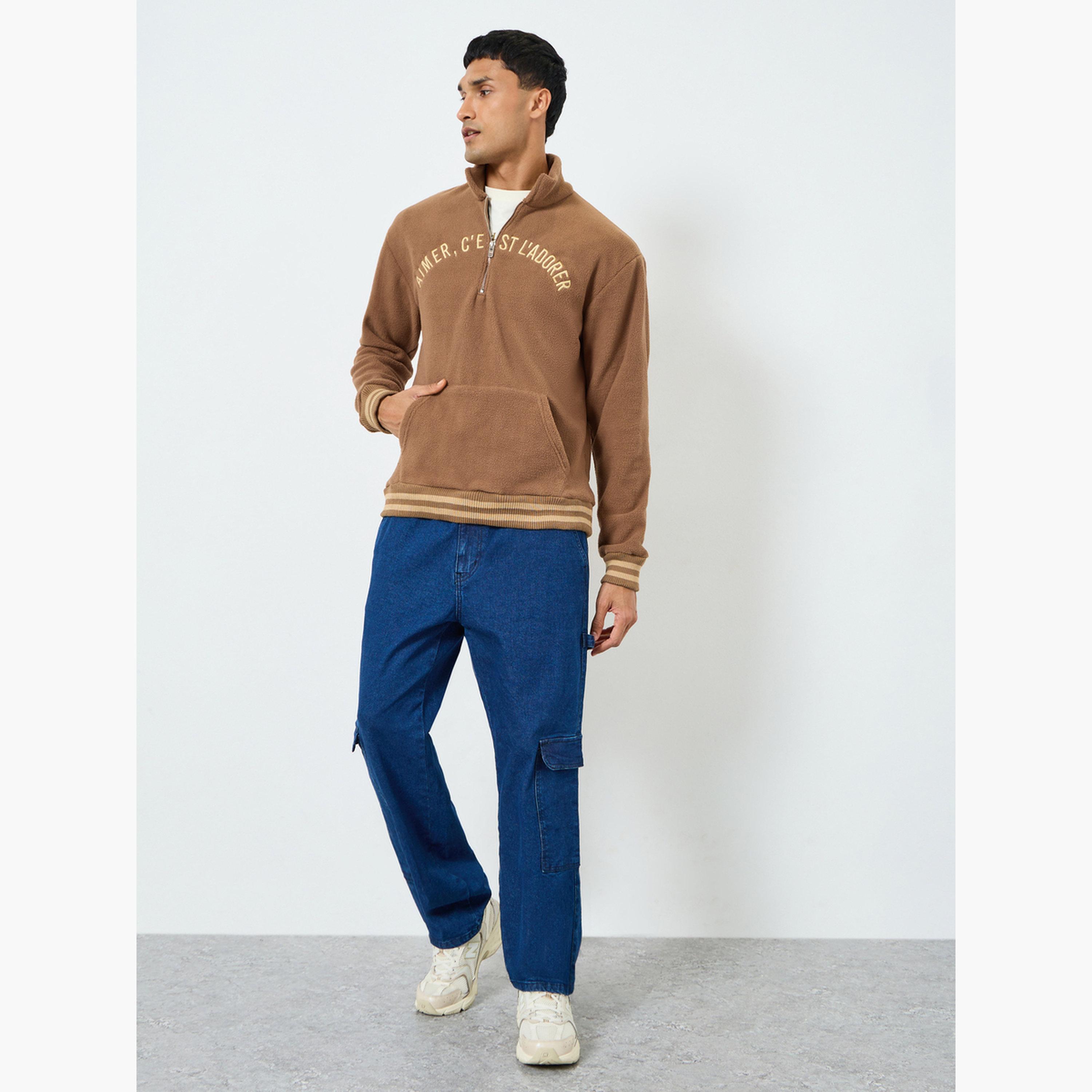Styli Men Brown Fleece Zip Collar Sweater-men-winterwear-hoodiesandsweatshirts-image-2