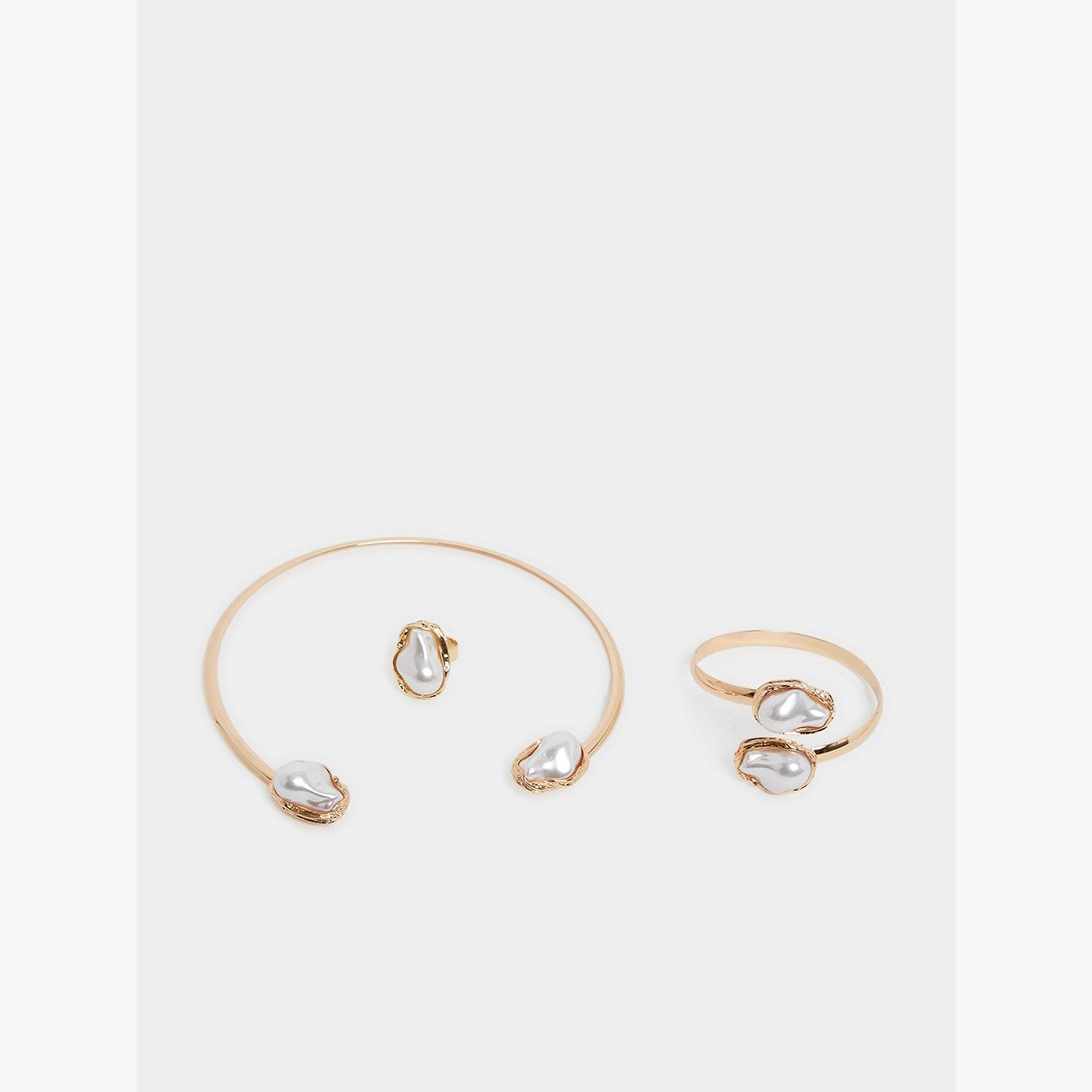 Styli Textured Pearl Choker, Ring and Bracelet Jewelry Set-women-watchesandjewellery-jewellery-jewellerysets-image-2