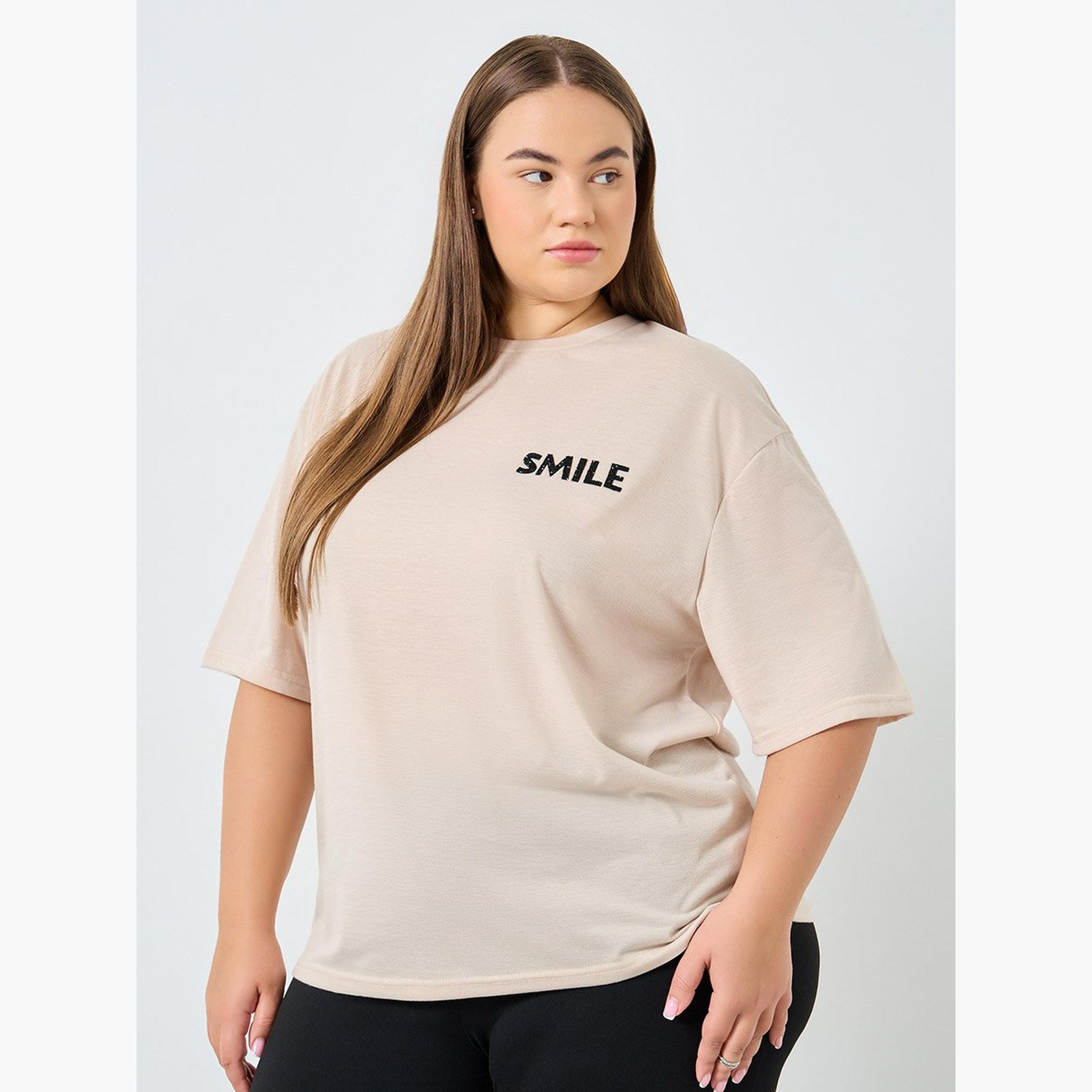 Styli Plus Size Beige Slogan Print T-Shirt-women-clothing-tshirts-image-1