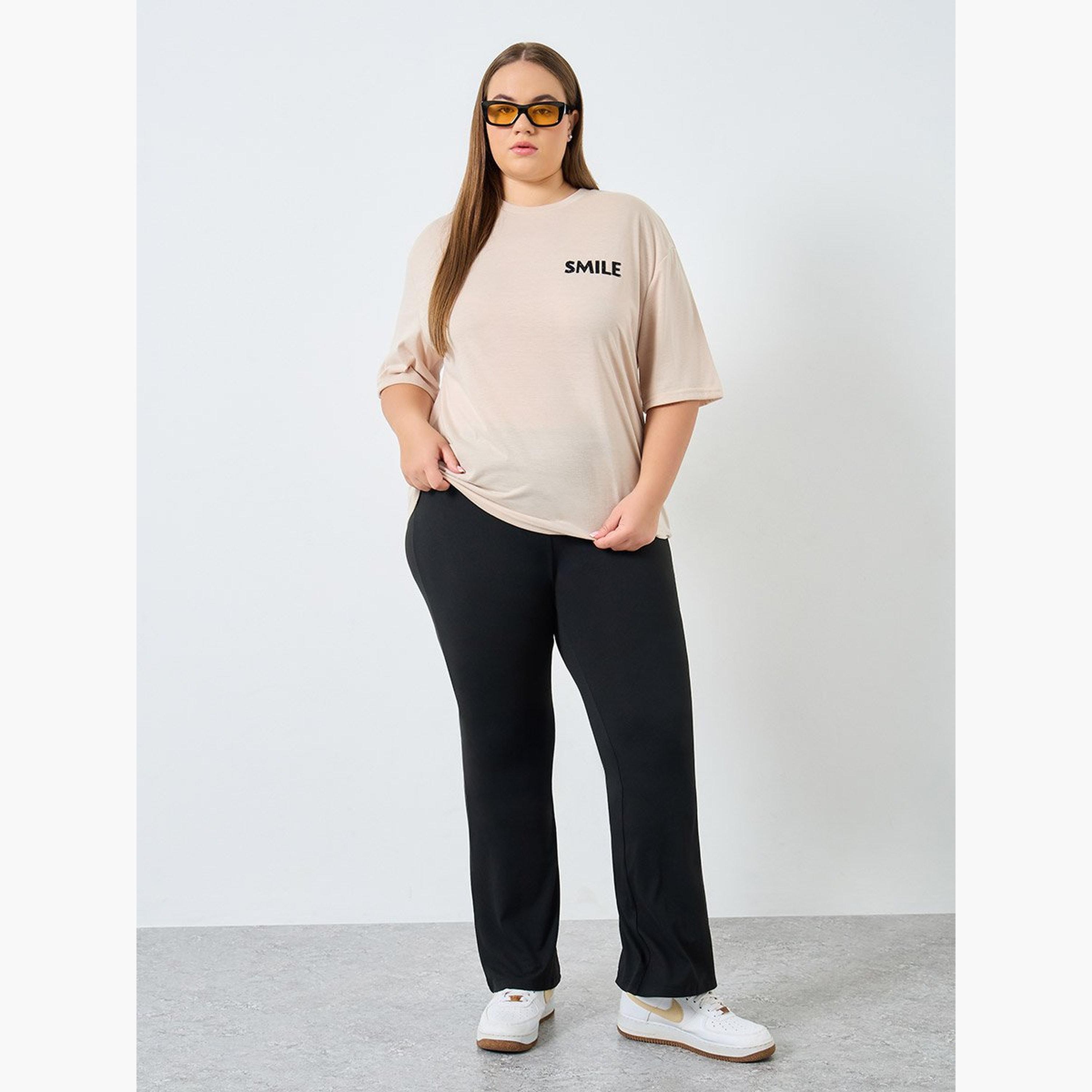 Styli Plus Size Beige Slogan Print T-Shirt-women-clothing-tshirts-image-2