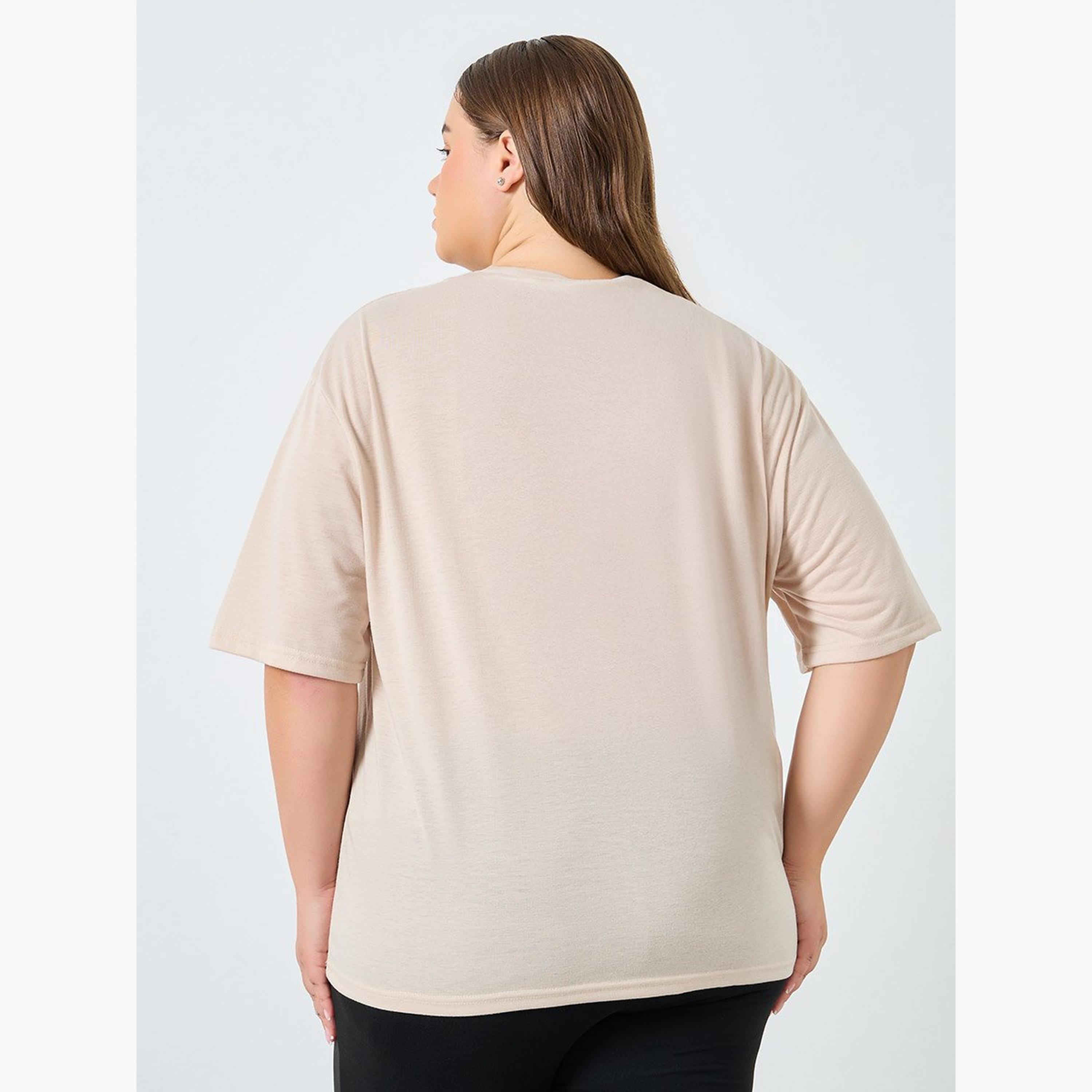 Styli Plus Size Beige Slogan Print T-Shirt-women-clothing-tshirts-image-4