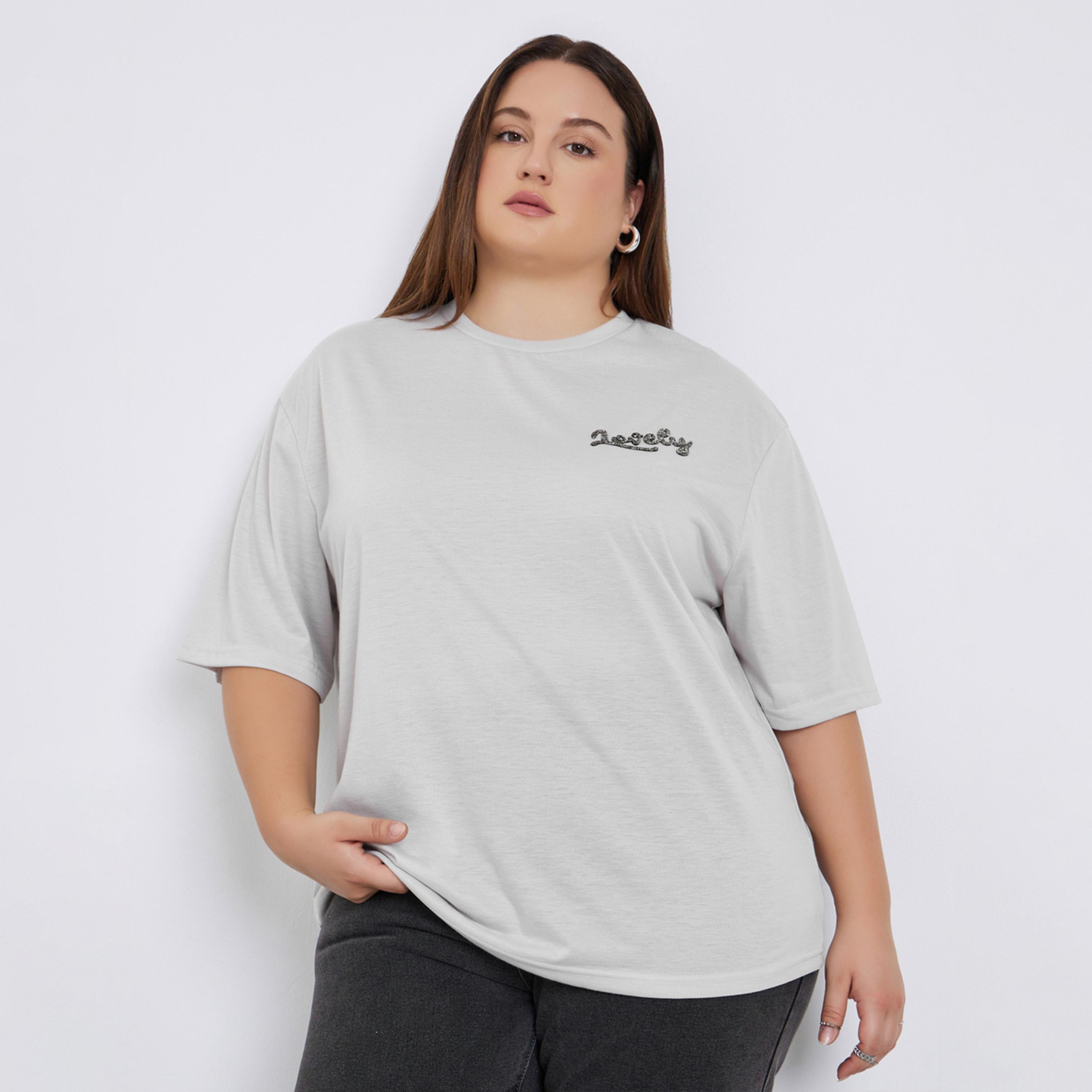 Styli Plus Size Grey Embellished Slogan T-Shirt-women-clothing-tshirts-image-1