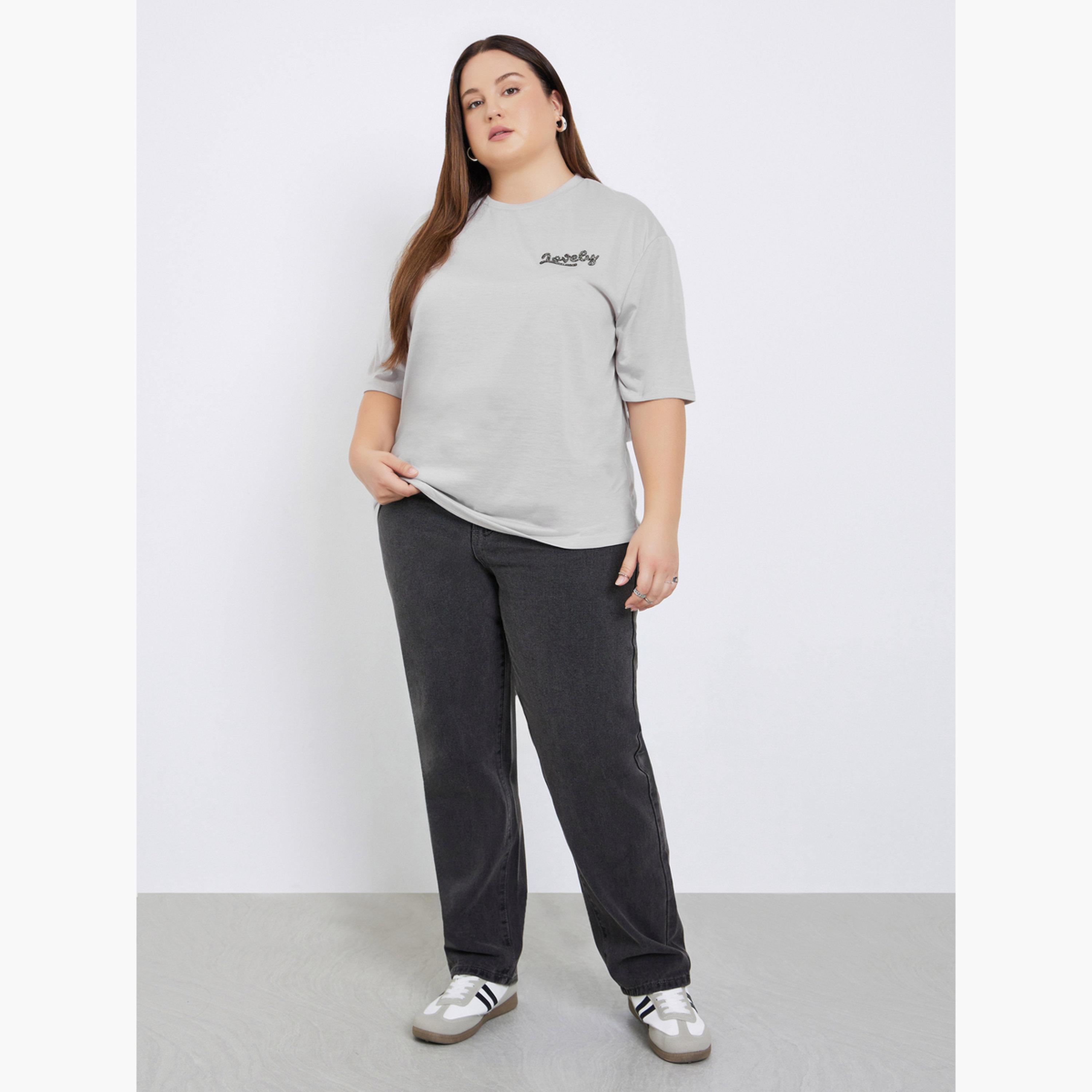 Styli Plus Size Grey Embellished Slogan T-Shirt-women-clothing-tshirts-image-2