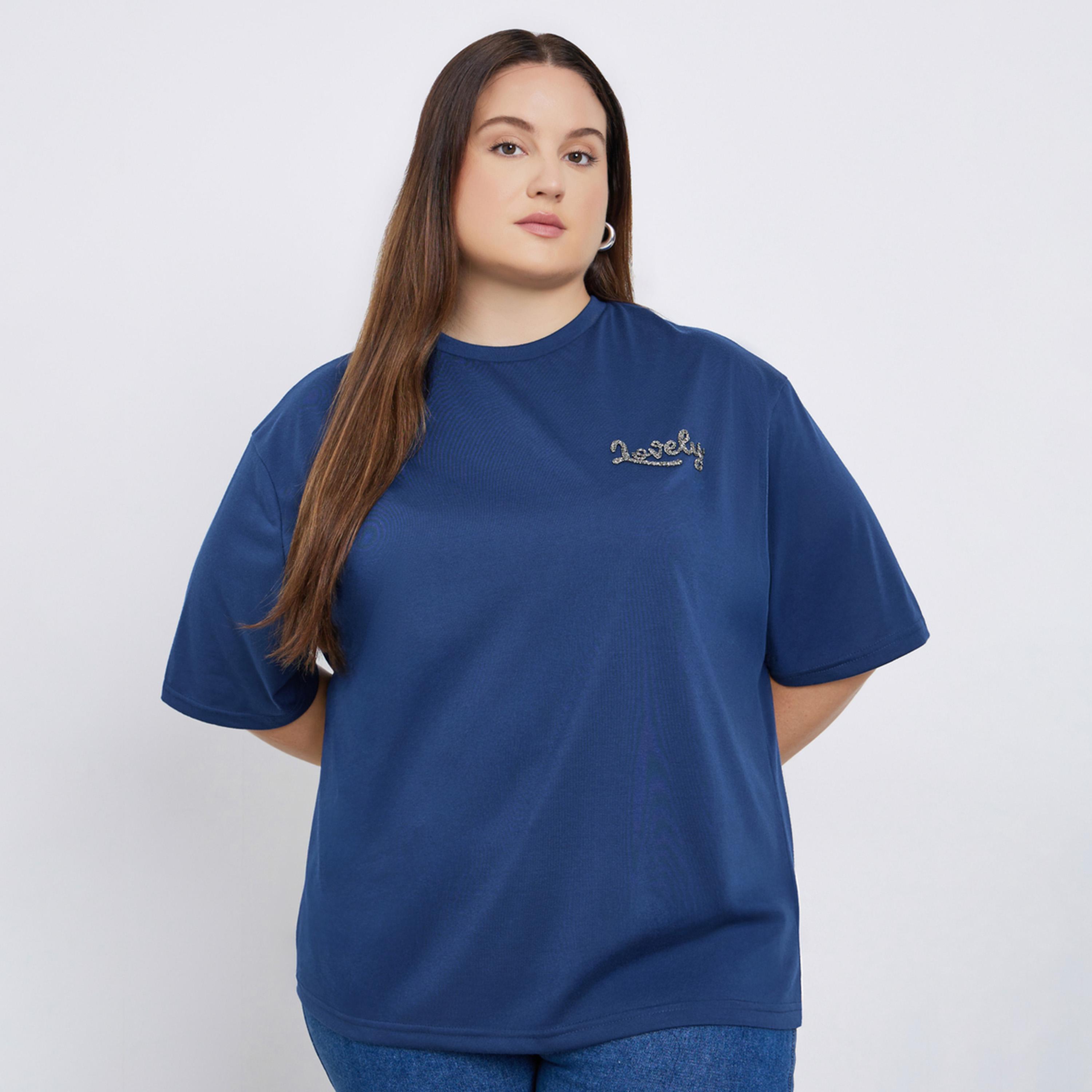 Styli Plus Size Navy Blue Embellished Slogan T-Shirt-women-clothing-tshirts-image-1