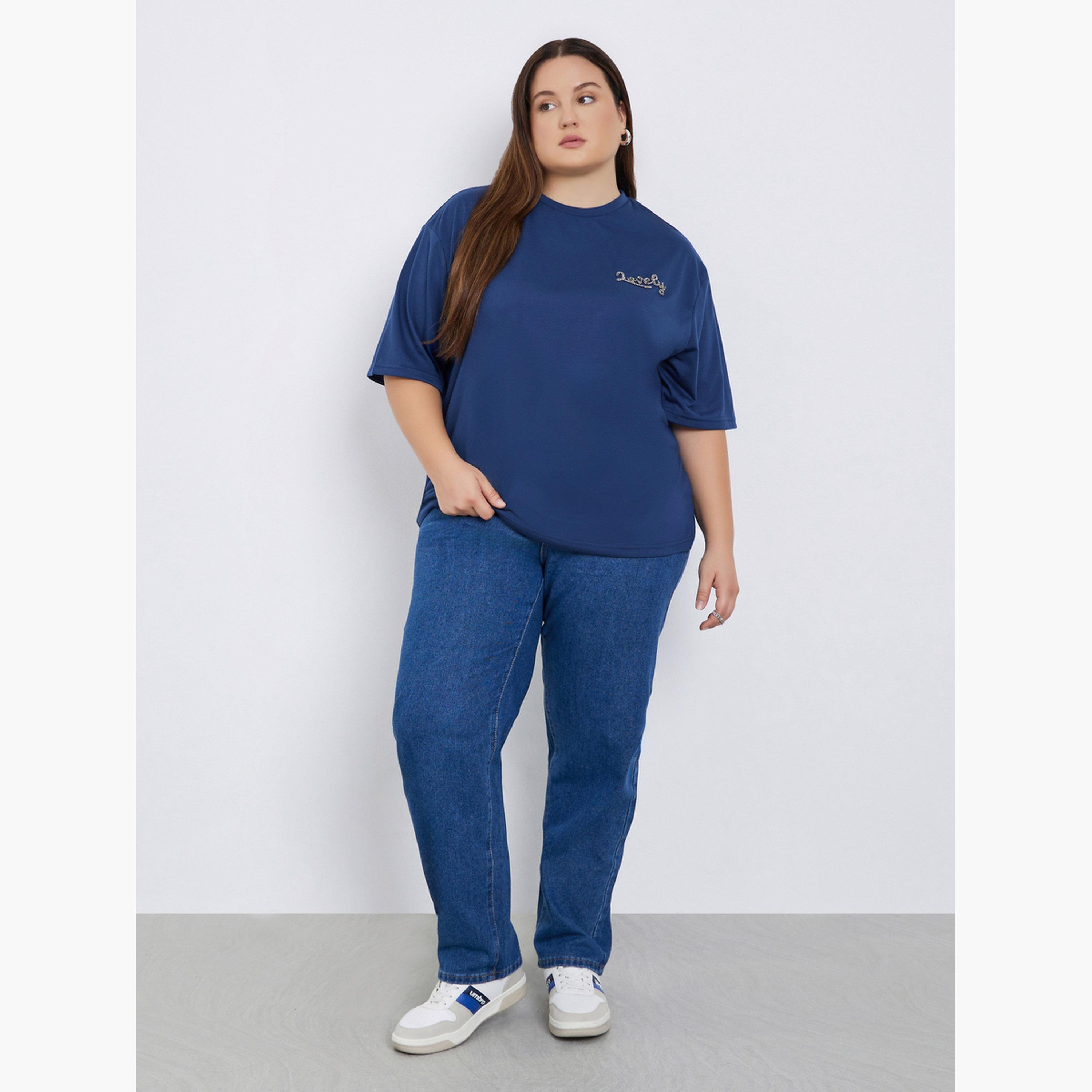 Styli Plus Size Navy Blue Embellished Slogan T-Shirt-women-clothing-tshirts-image-2