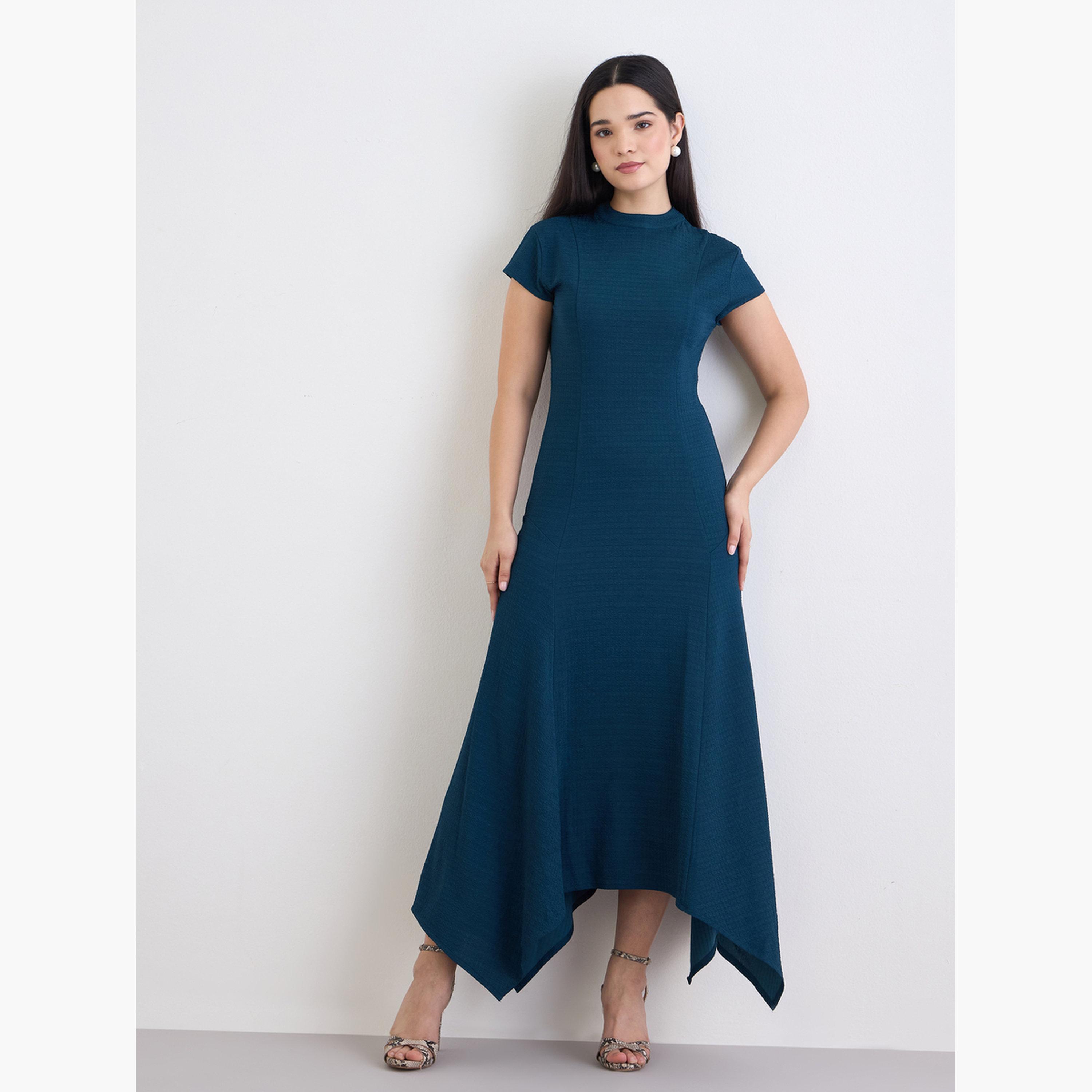 ستايلي - فستان ماكسي أزرق مخضر بحافة غير متماثلة للنساء-women-clothing-dresses-image-1