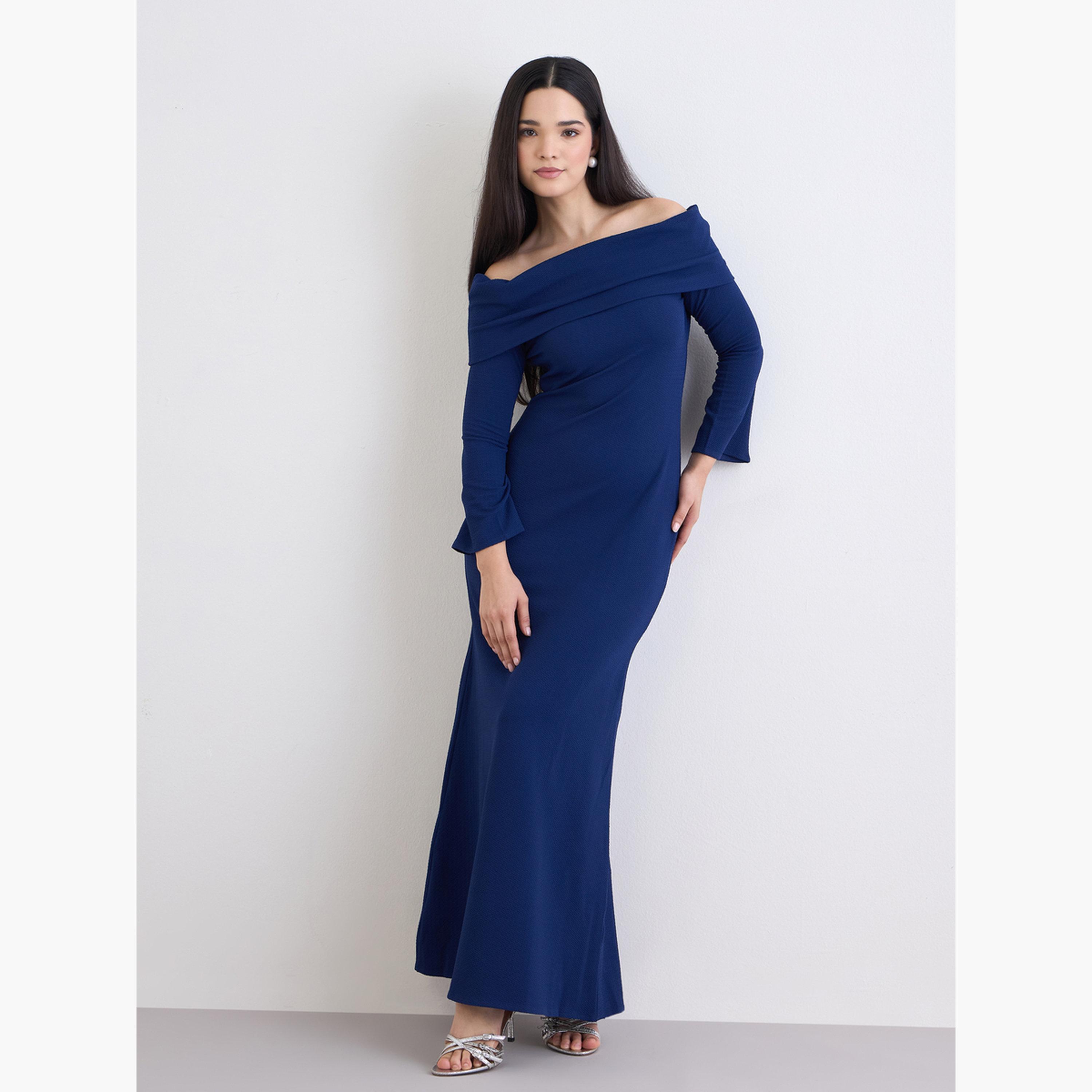 Styli Navy Blue Bardot Neck Maxi Evening Dress-women-clothing-dresses-image-2