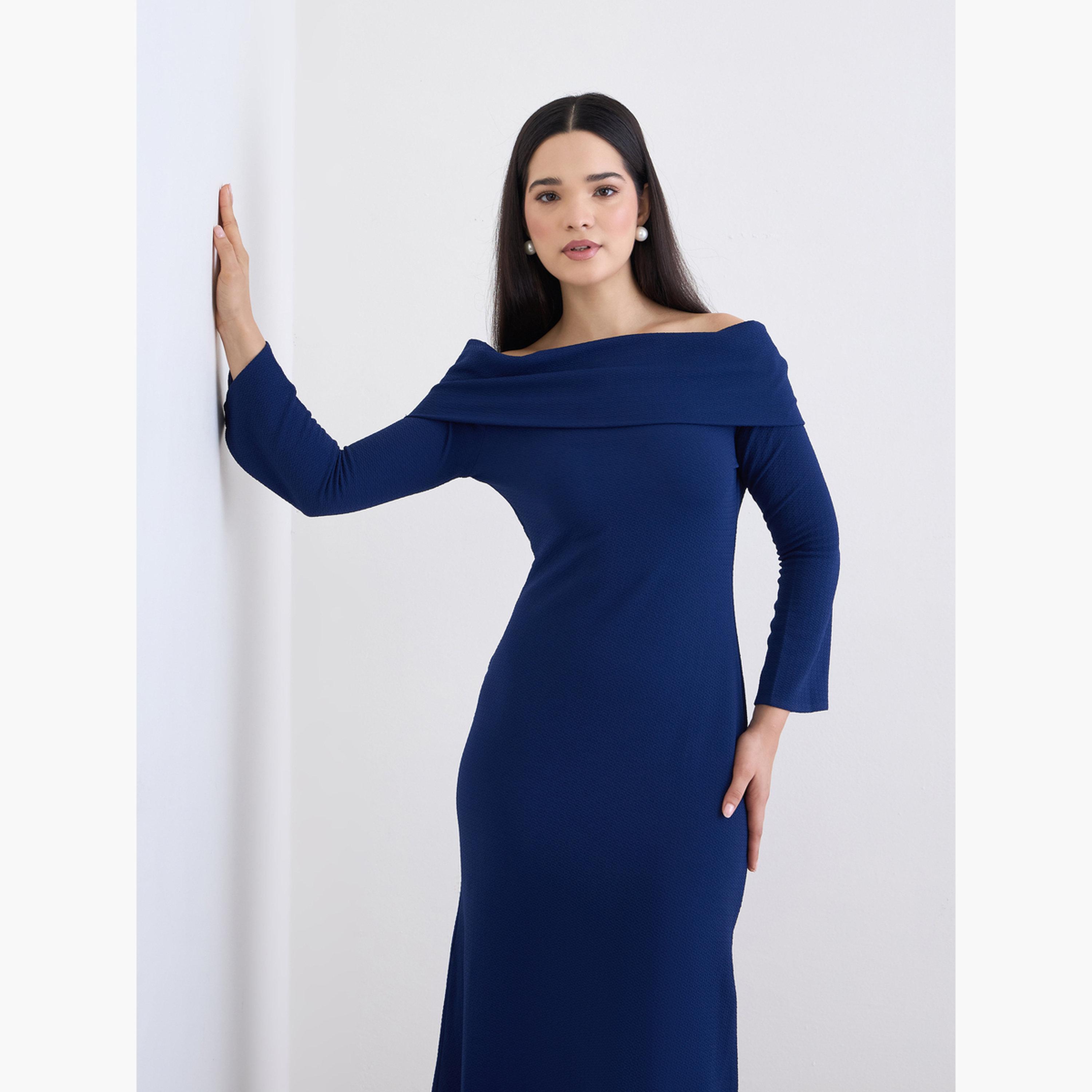 Styli Navy Blue Bardot Neck Maxi Evening Dress-women-clothing-dresses-image-3