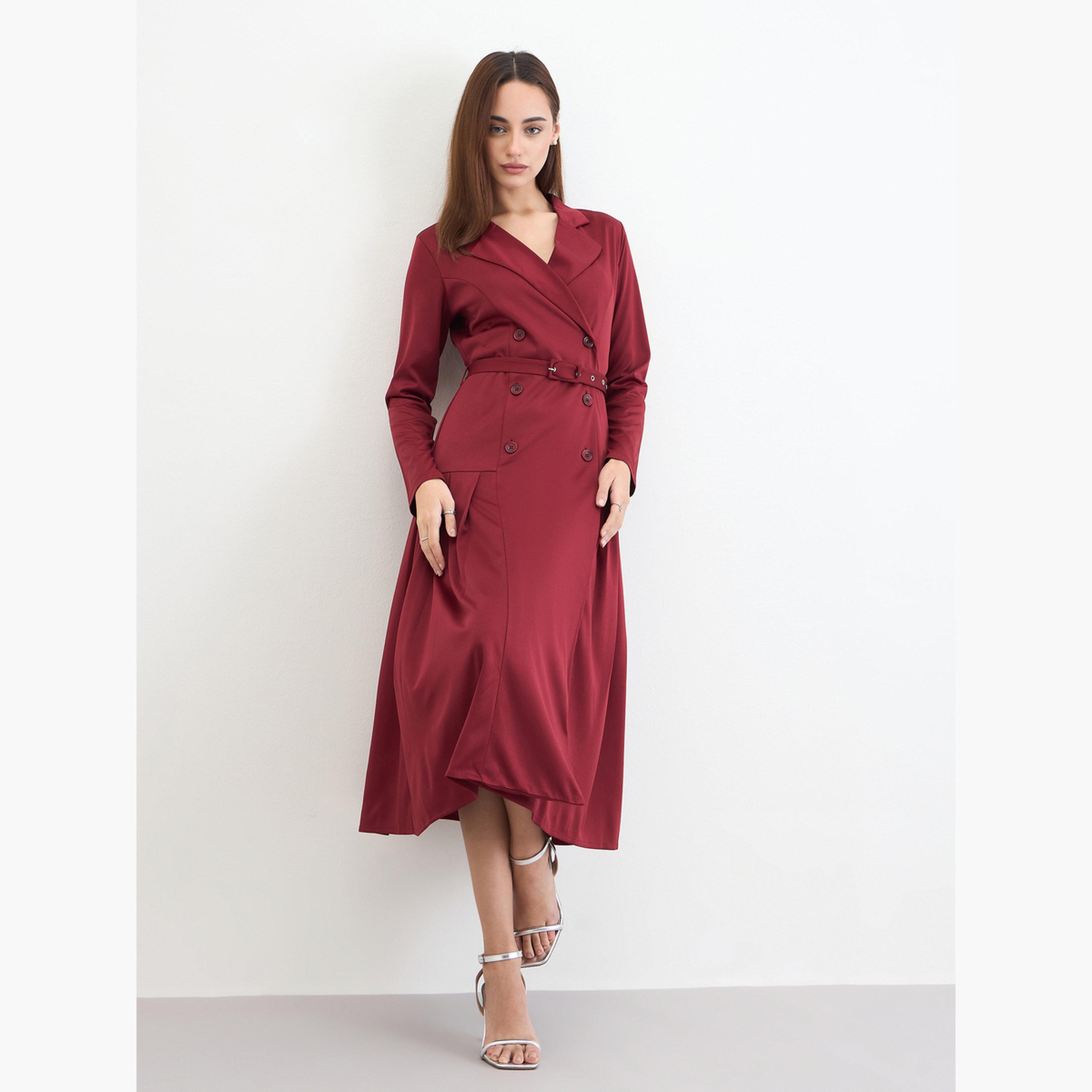 ستايلي - فستان بليزر متوسط ​​الطول بحزام لون مارون-women-clothing-dresses-image-1