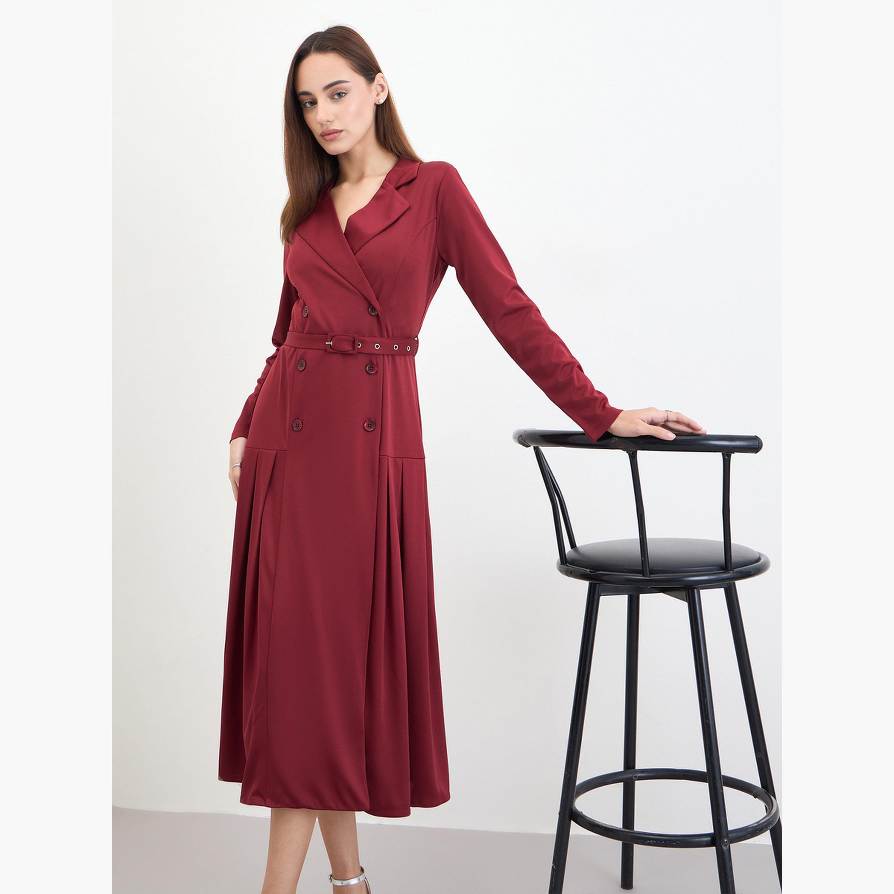 ستايلي - فستان بليزر متوسط ​​الطول بحزام لون مارون-women-clothing-dresses-image-2