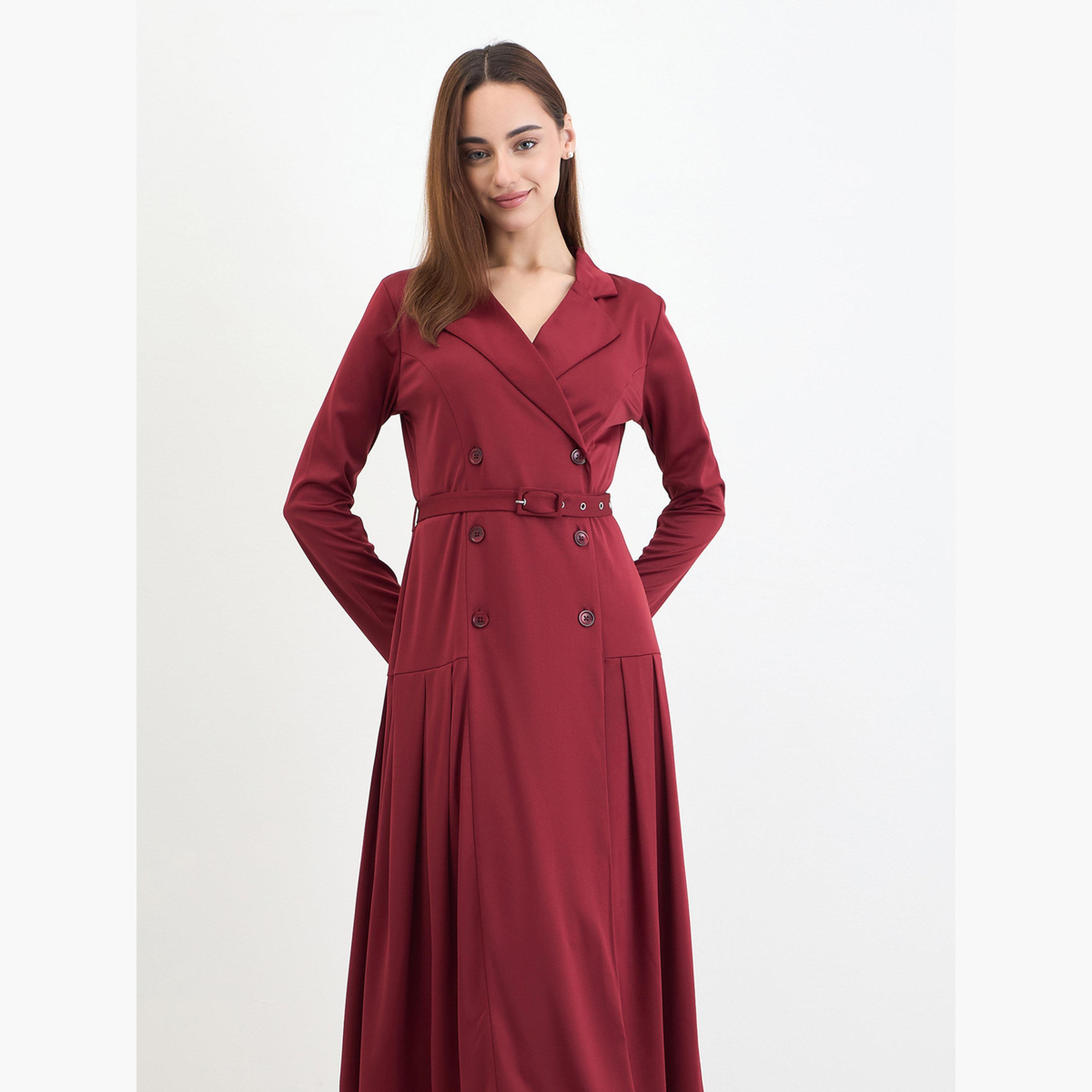 ستايلي - فستان بليزر متوسط ​​الطول بحزام لون مارون-women-clothing-dresses-image-3