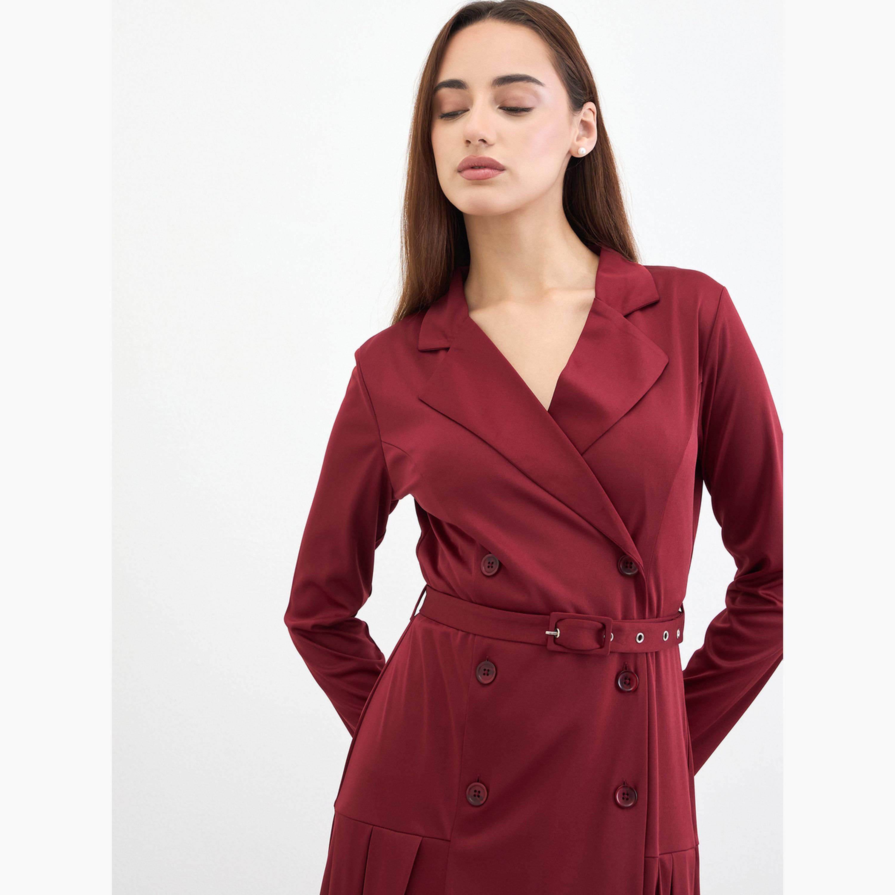 ستايلي - فستان بليزر متوسط ​​الطول بحزام لون مارون-women-clothing-dresses-image-4