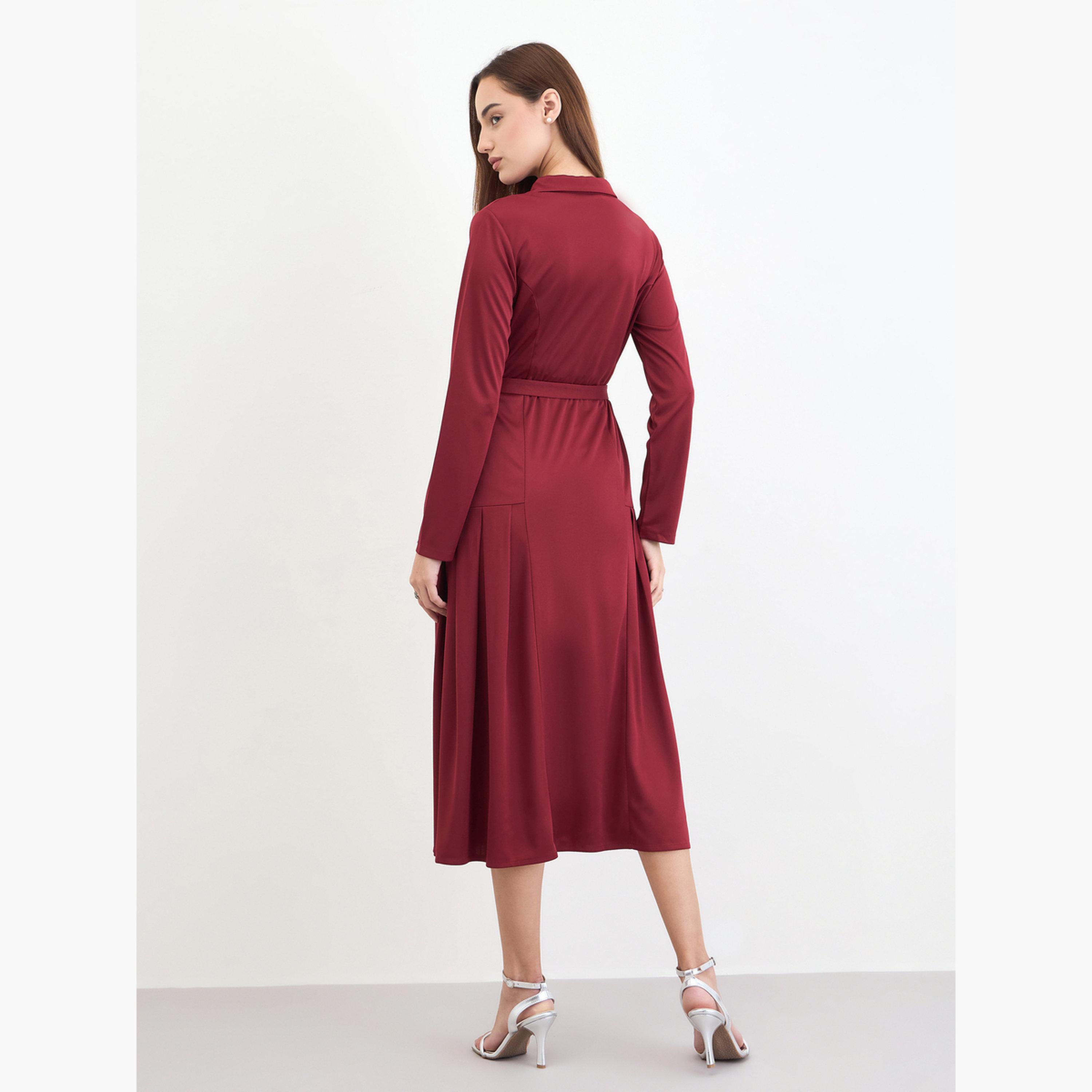 ستايلي - فستان بليزر متوسط ​​الطول بحزام لون مارون-women-clothing-dresses-image-5