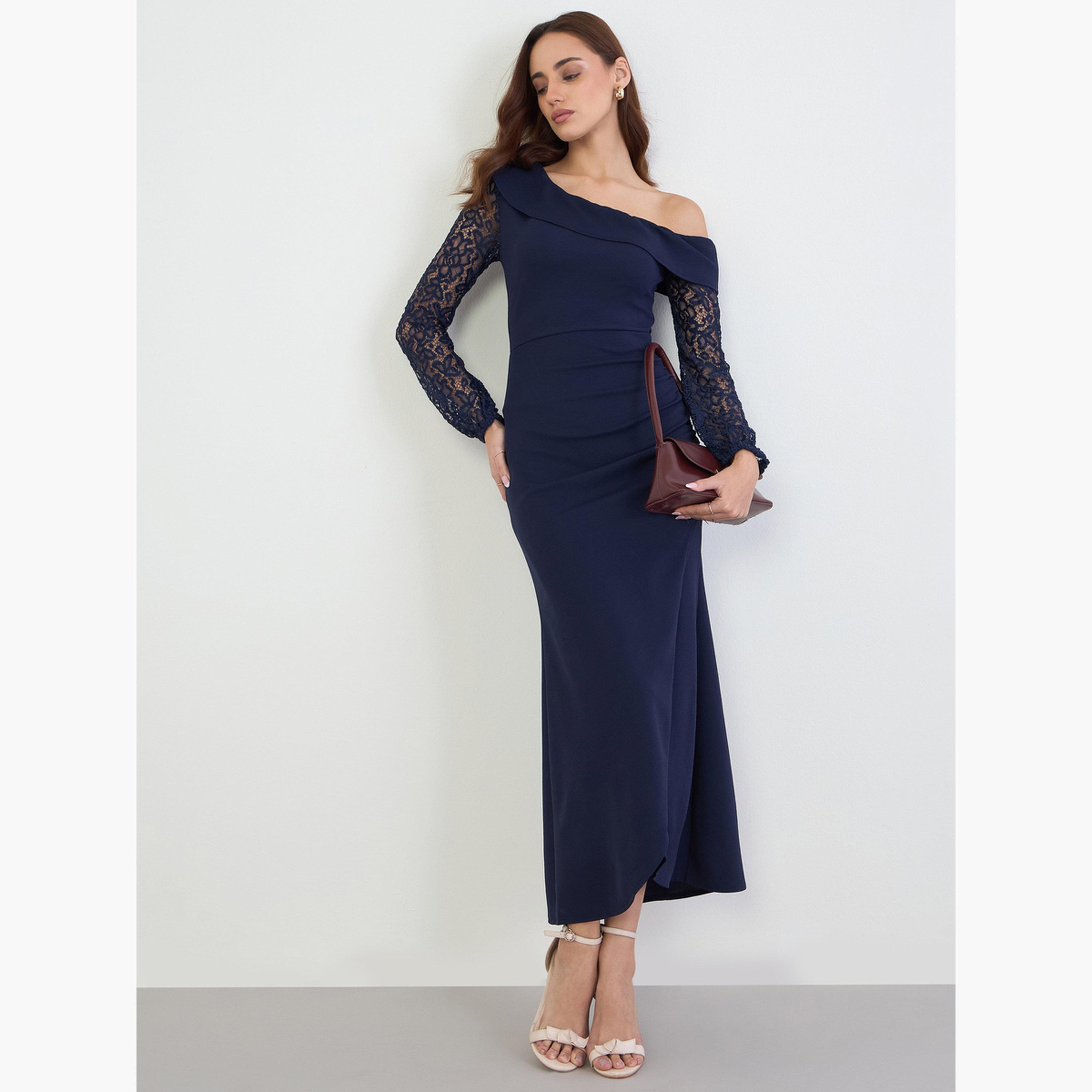 ستايلي - فستان ماكسي بكتف واحد مع دانتيل-women-clothing-dresses-image-1