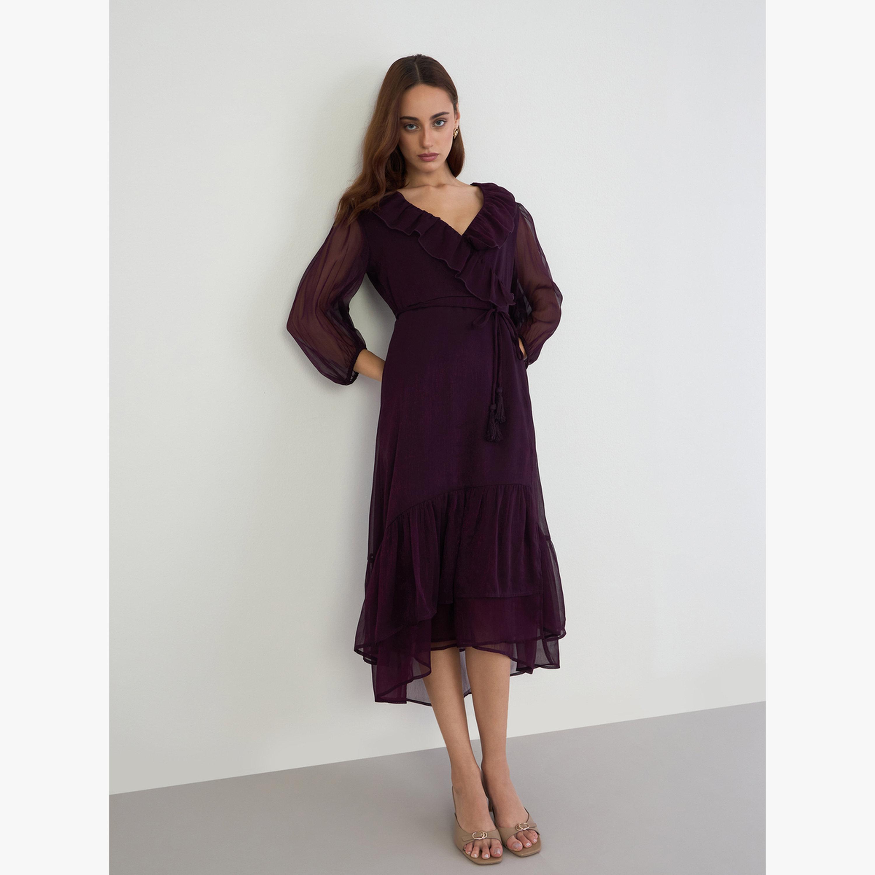 Styli Purple Ruffle Trim Midi Dress-women-clothing-dresses-image-1