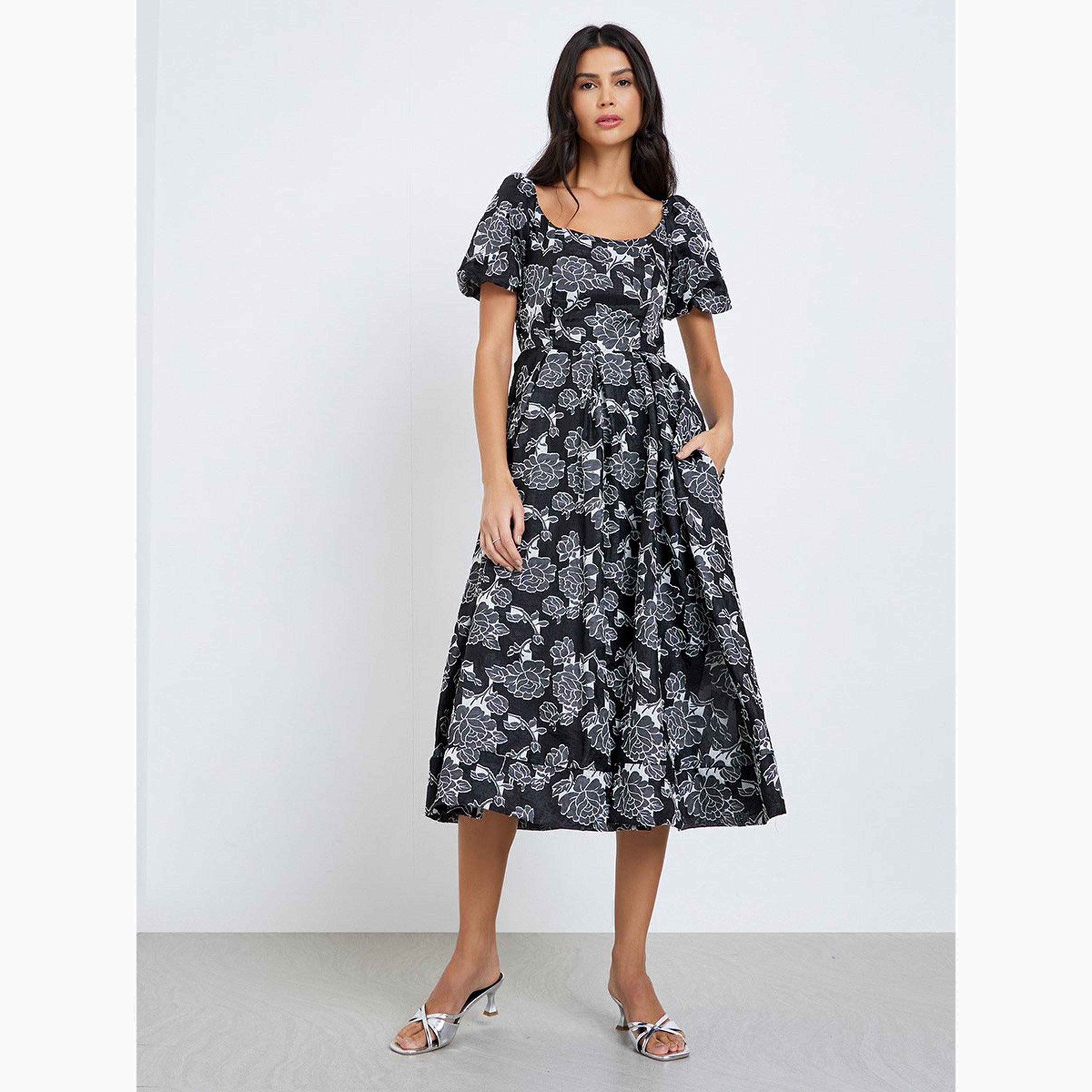 ستايلي - فستان ميدي بأكمام منتفخة وطبعة زهور لون أسود-women-clothing-dresses-image-1