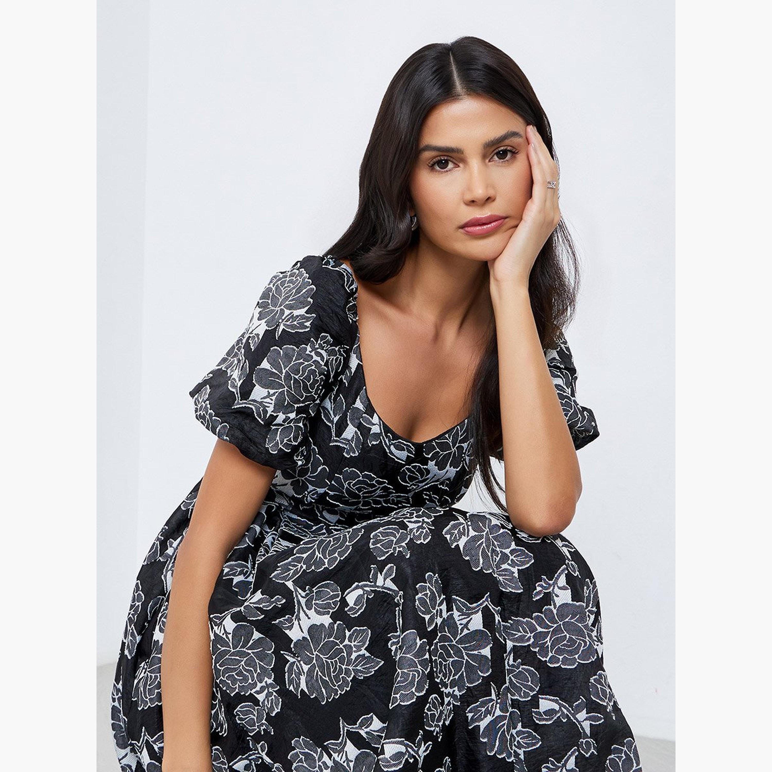 ستايلي - فستان ميدي بأكمام منتفخة وطبعة زهور لون أسود-women-clothing-dresses-image-2