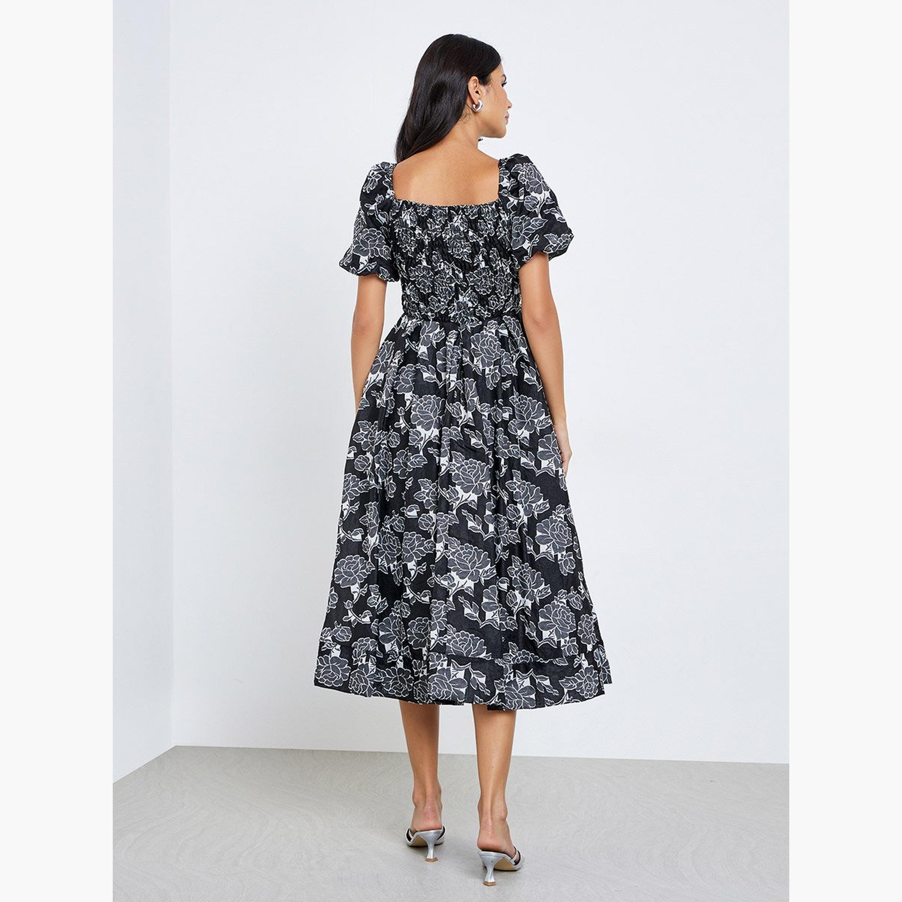 ستايلي - فستان ميدي بأكمام منتفخة وطبعة زهور لون أسود-women-clothing-dresses-image-4