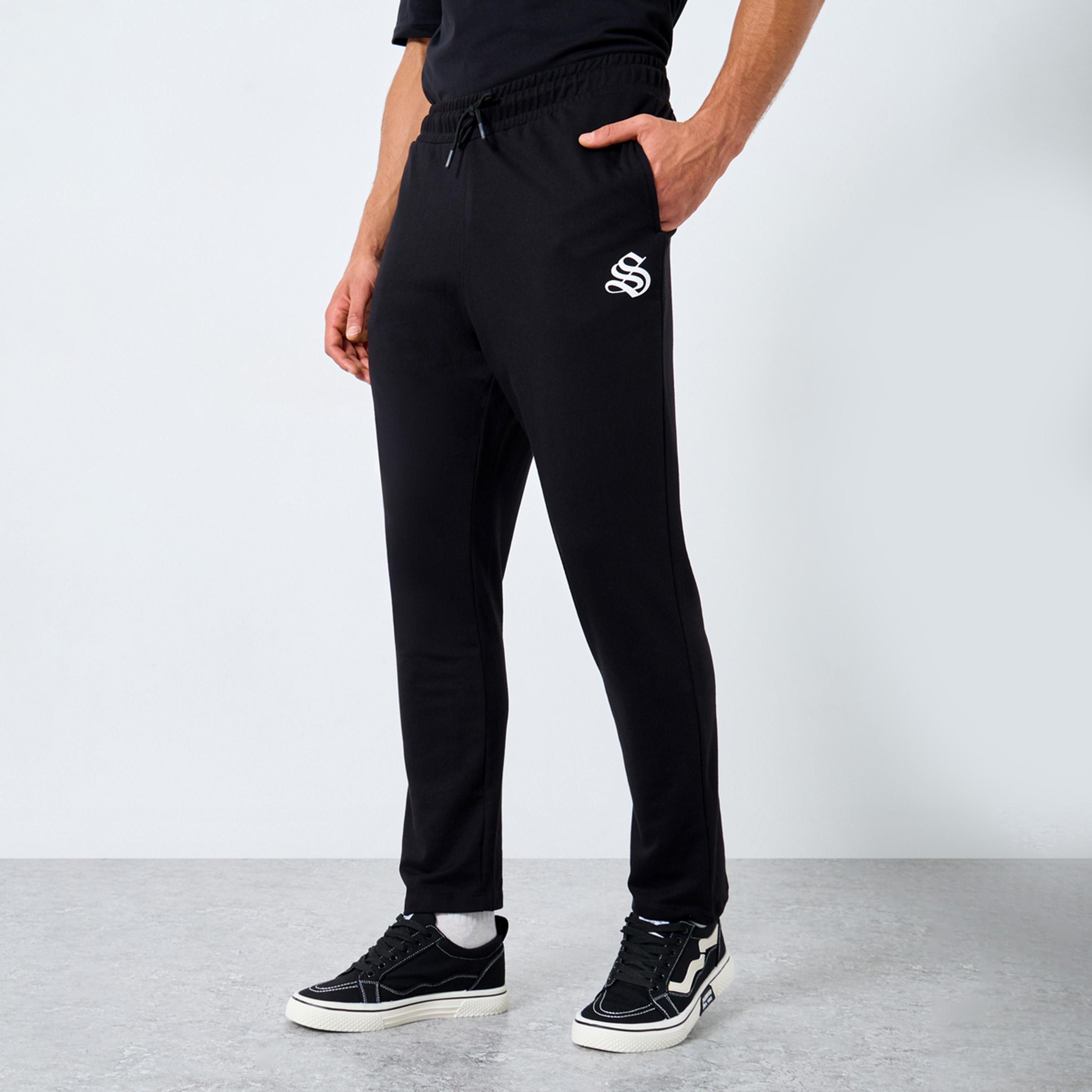 Styli Men Black Straight Fit Joggers with Minimal Print-men-clothing-bottoms-joggers-image-1