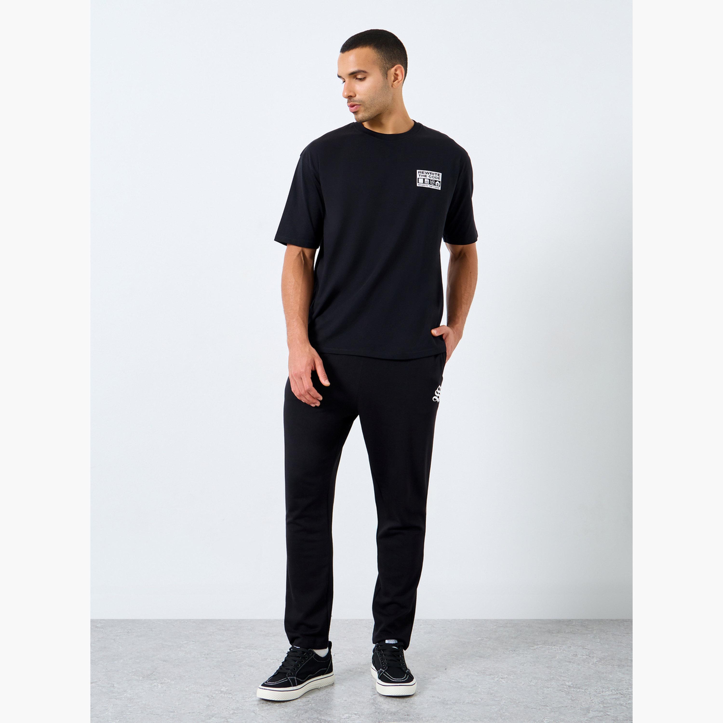 Styli Men Black Straight Fit Joggers with Minimal Print-men-clothing-bottoms-joggers-image-2