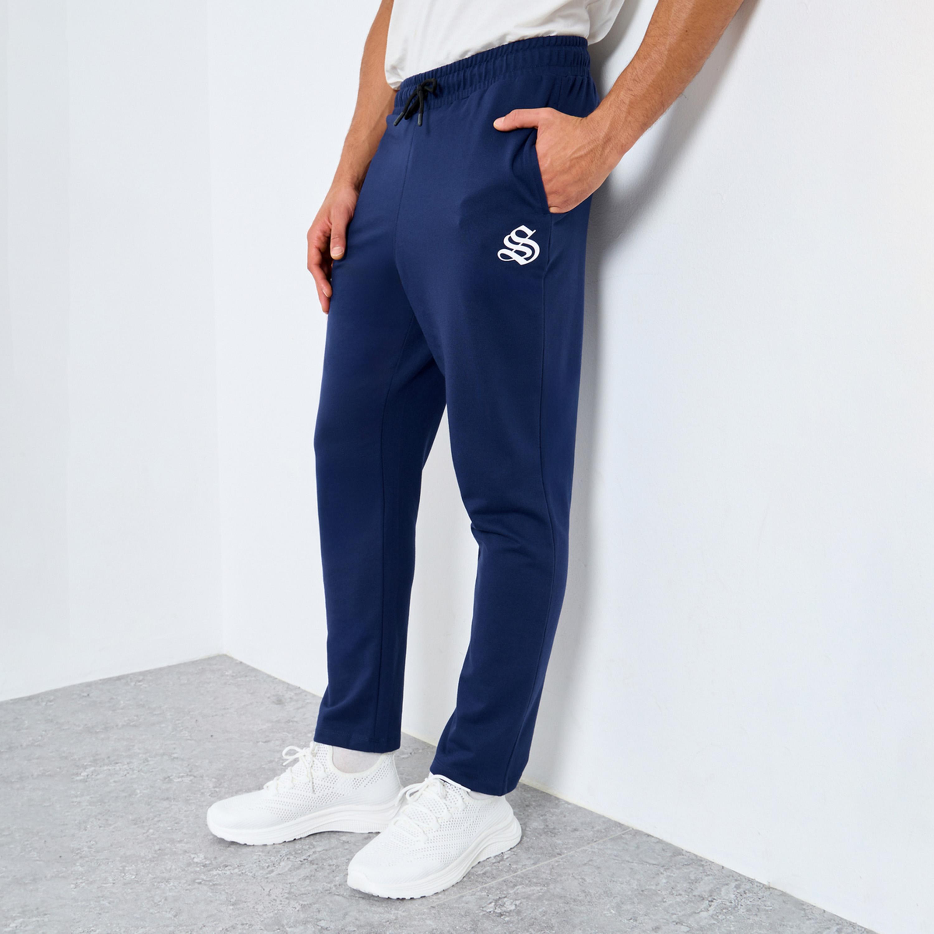 Styli Men Navy Straight Fit Joggers with Minimal Print-men-clothing-bottoms-joggers-image-1