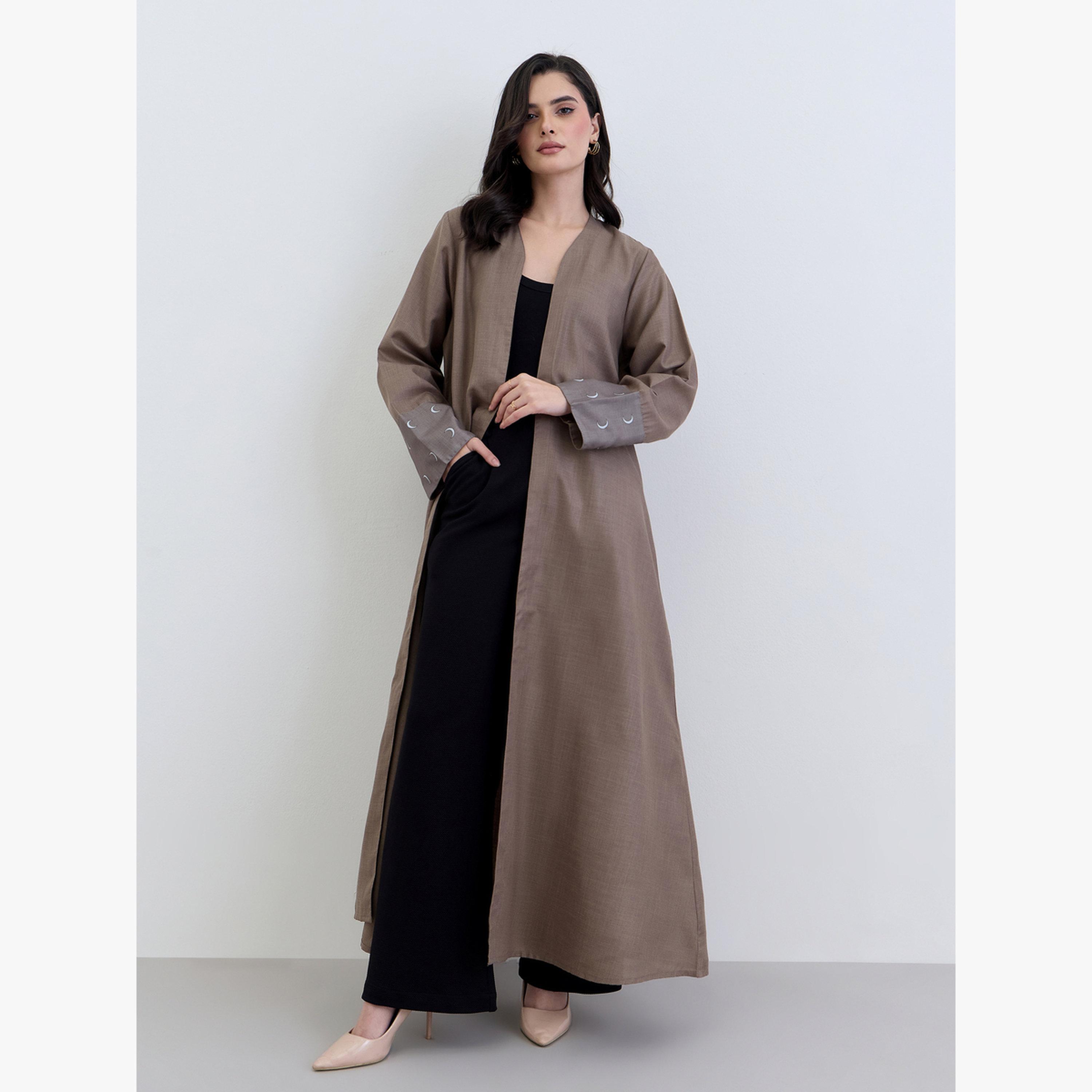 Amirah X Styli Brown Linen Abaya with Printed Cuff Detail-women-arabicclothing-abayas-image-2