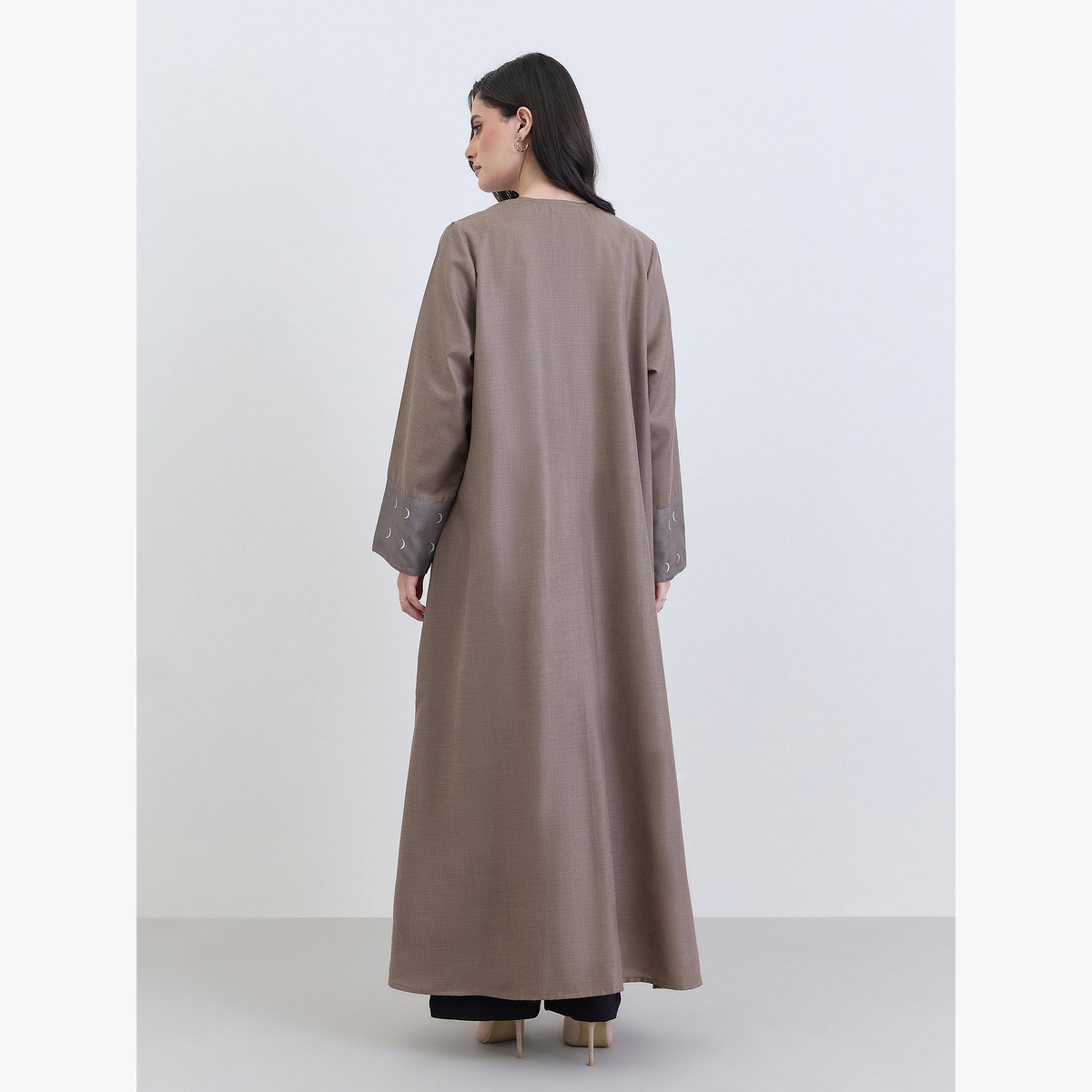 Amirah X Styli Brown Linen Abaya with Printed Cuff Detail-women-arabicclothing-abayas-image-5