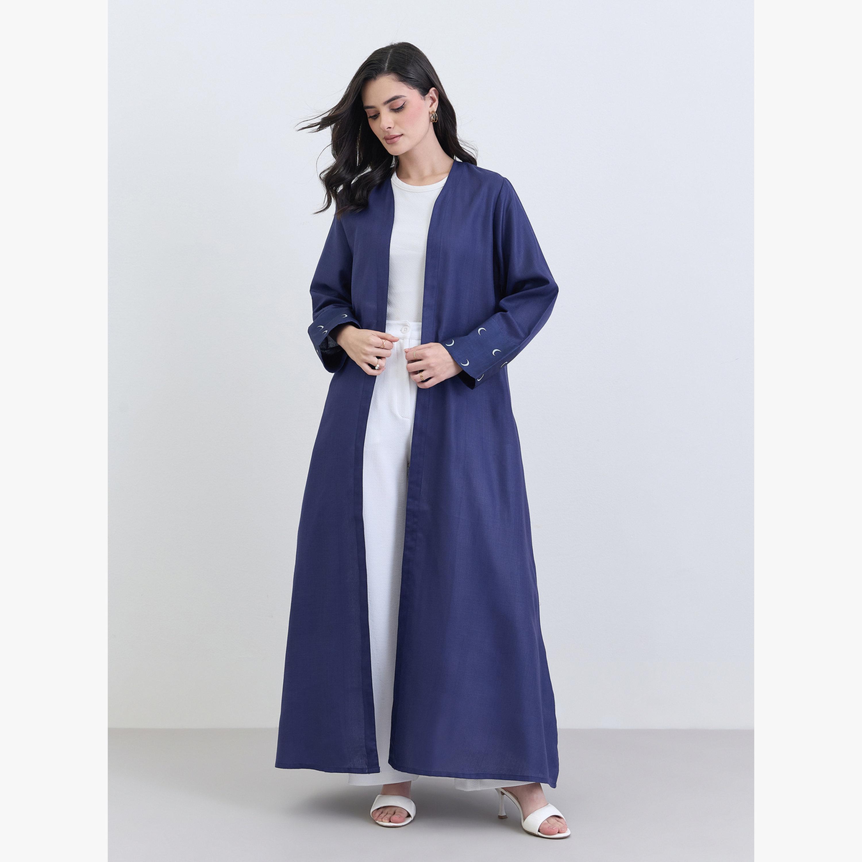 عباية كتان بتفاصيل مطبوعة على الأساور-women-arabicclothing-abayas-image-1
