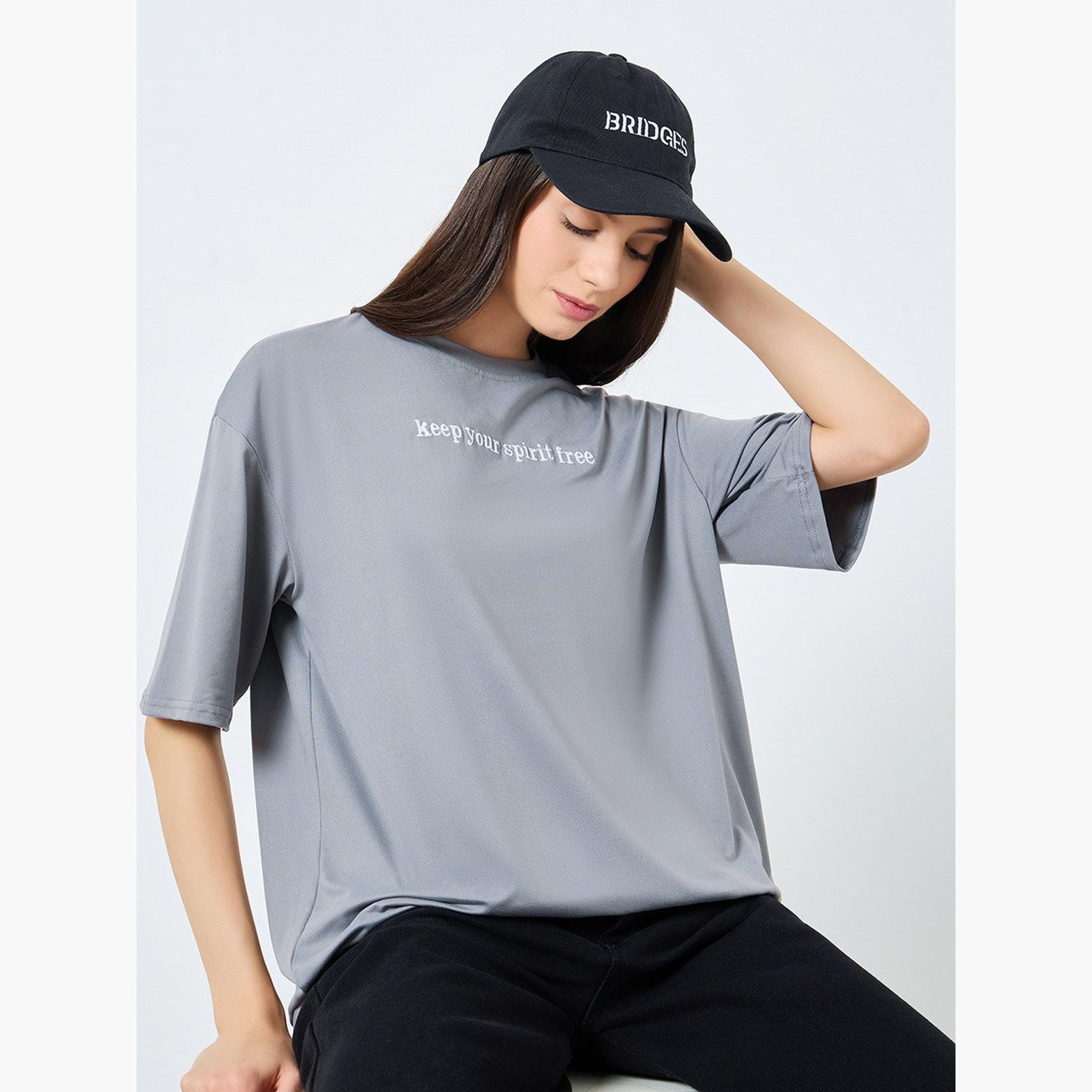 Take Two Grey Embroidered Slogan Oversized T-Shirt-women-clothing-tshirts-image-1