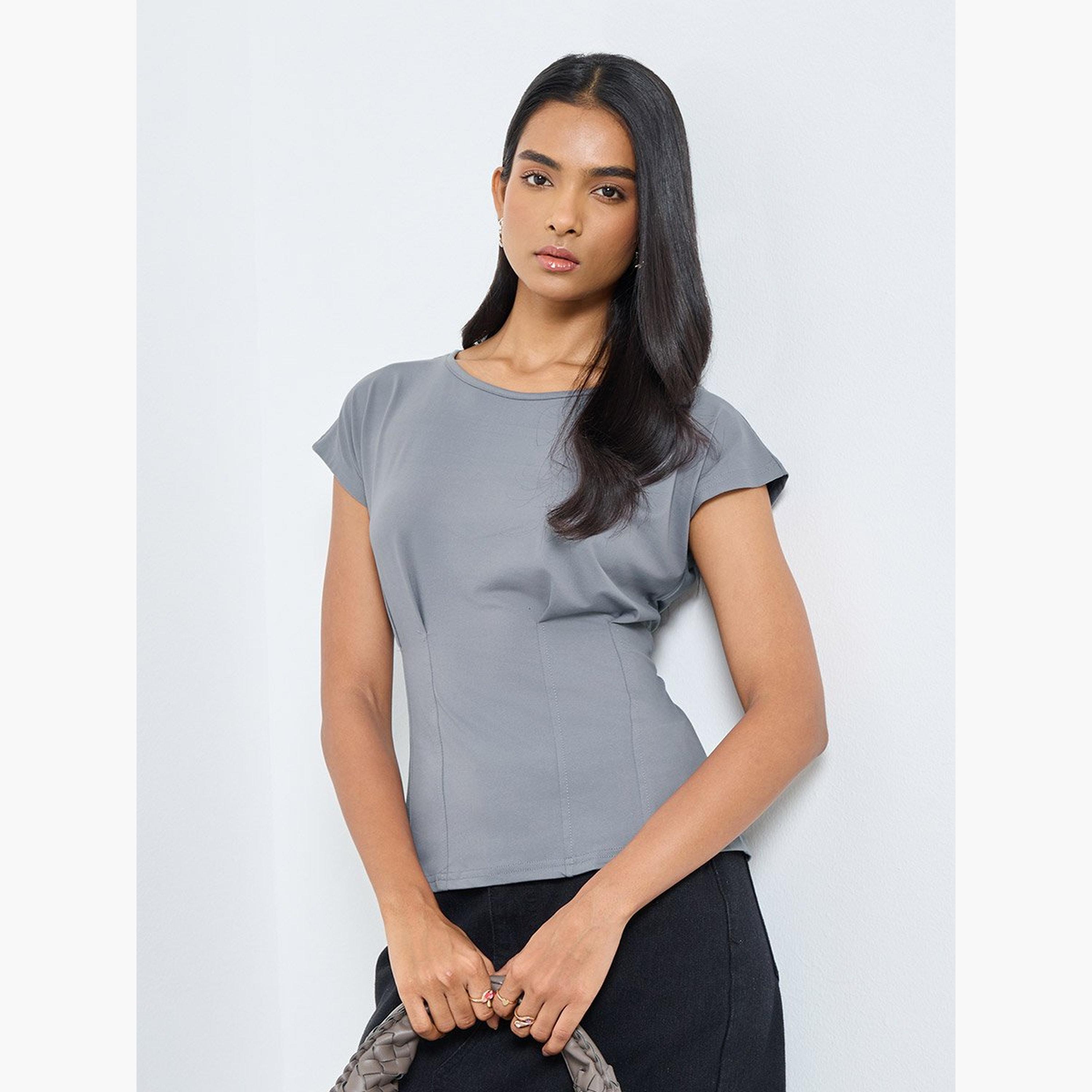 Take Two Grey Solid Cap Sleeves T-Shirt-women-clothing-tshirts-image-1