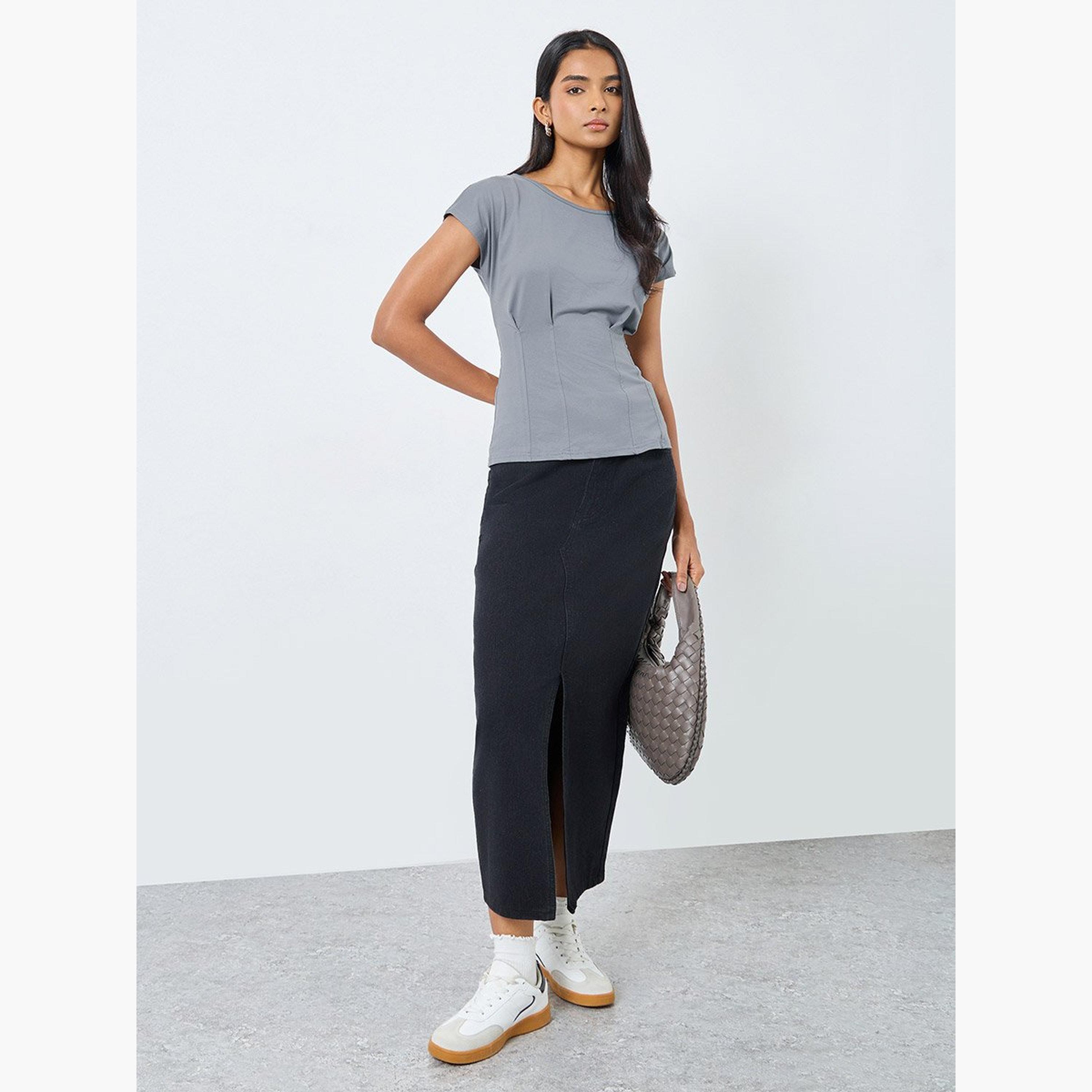 Take Two Grey Solid Cap Sleeves T-Shirt-women-clothing-tshirts-image-2