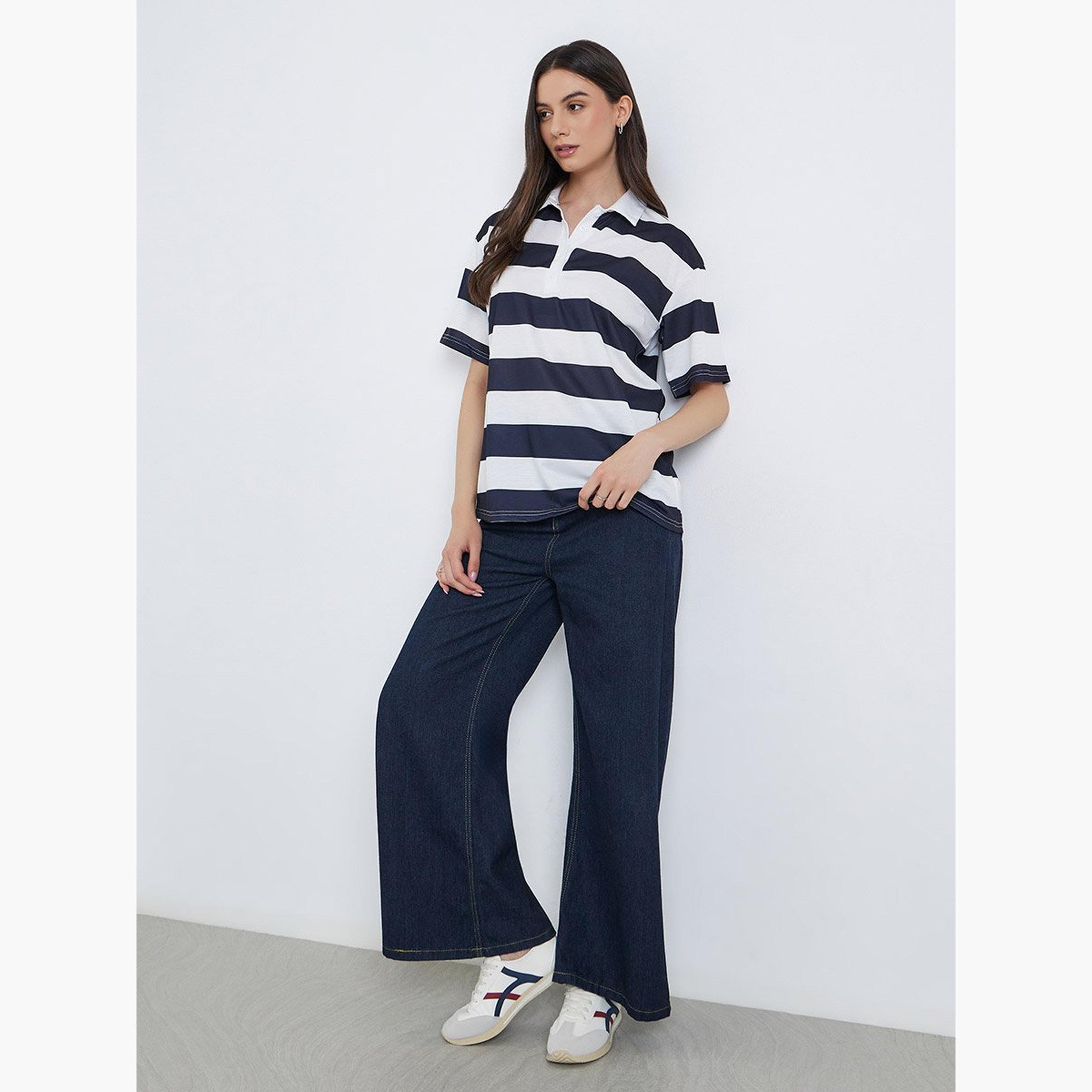 تيك تو - بلوزة بولو مخططة بأكمام قصيرة-women-clothing-tshirts-image-1