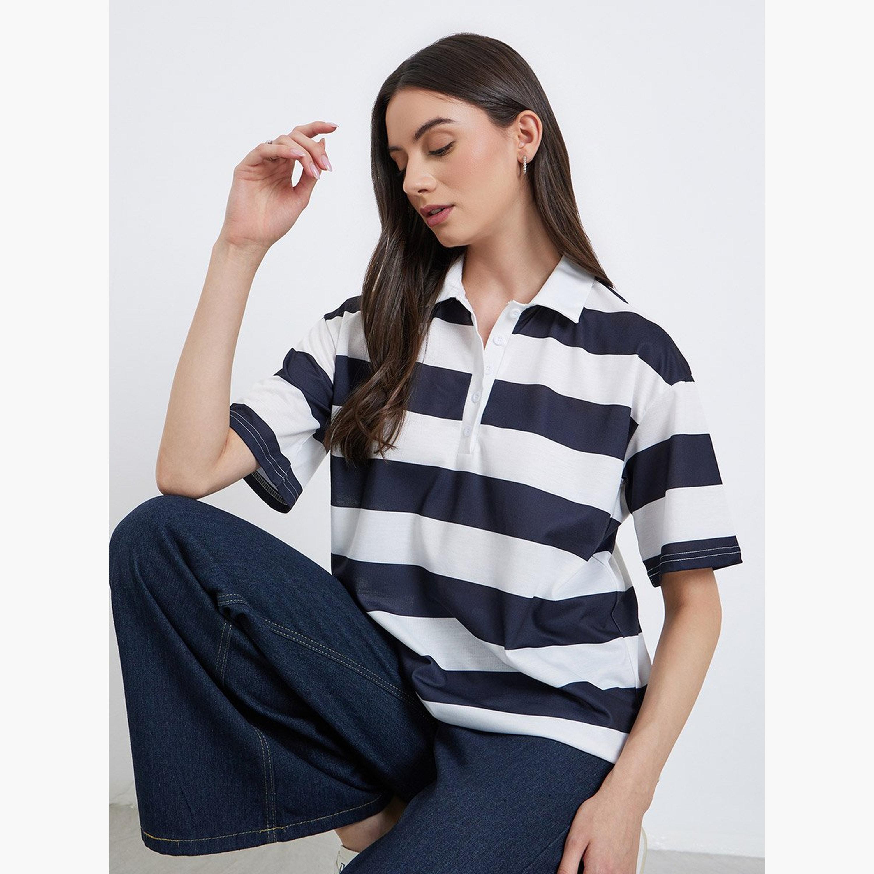 تيك تو - بلوزة بولو مخططة بأكمام قصيرة-women-clothing-tshirts-image-2