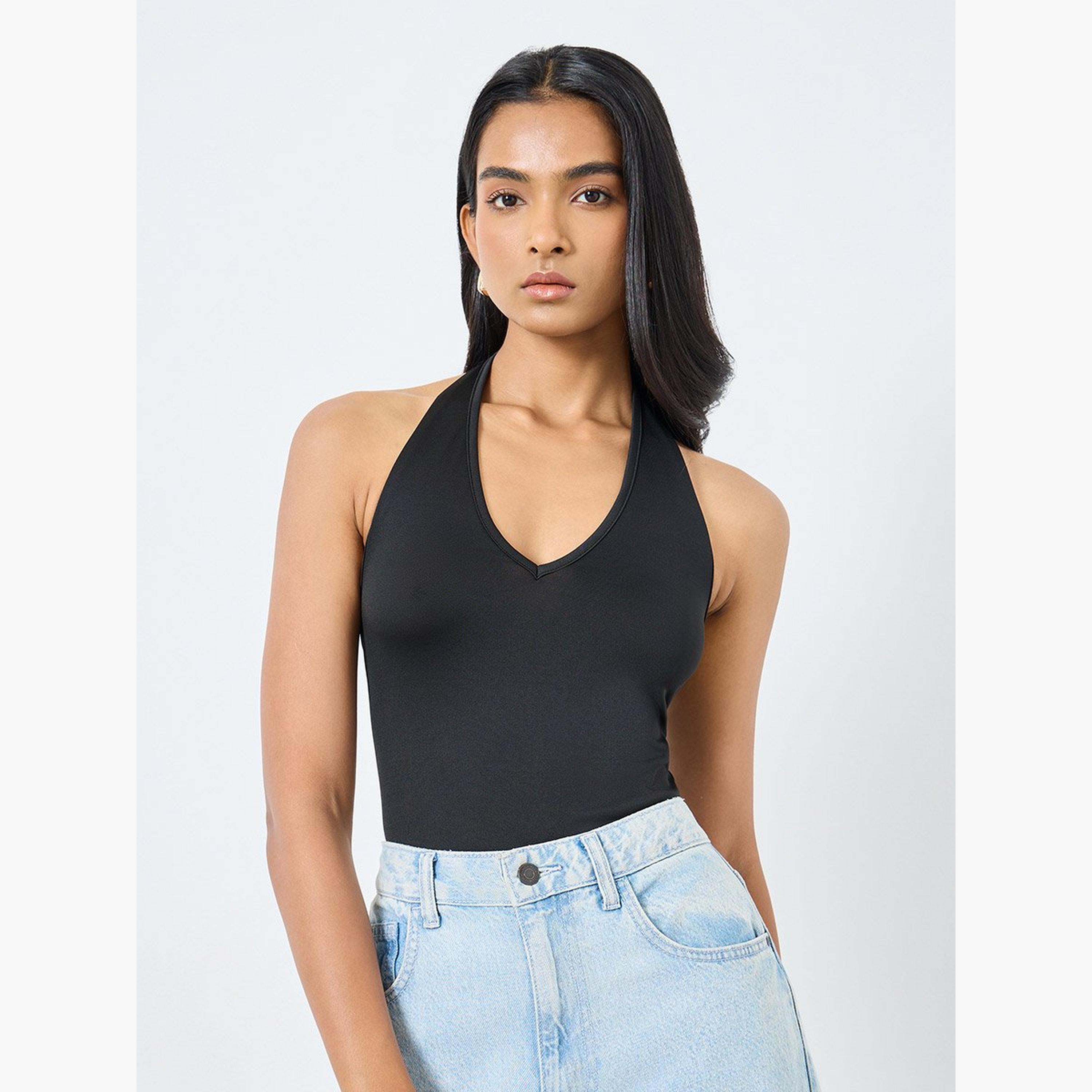 Take Two Solid Halter Neck Fitted Bodysuit-women-clothing-shirtsandblouses-blouses-image-1