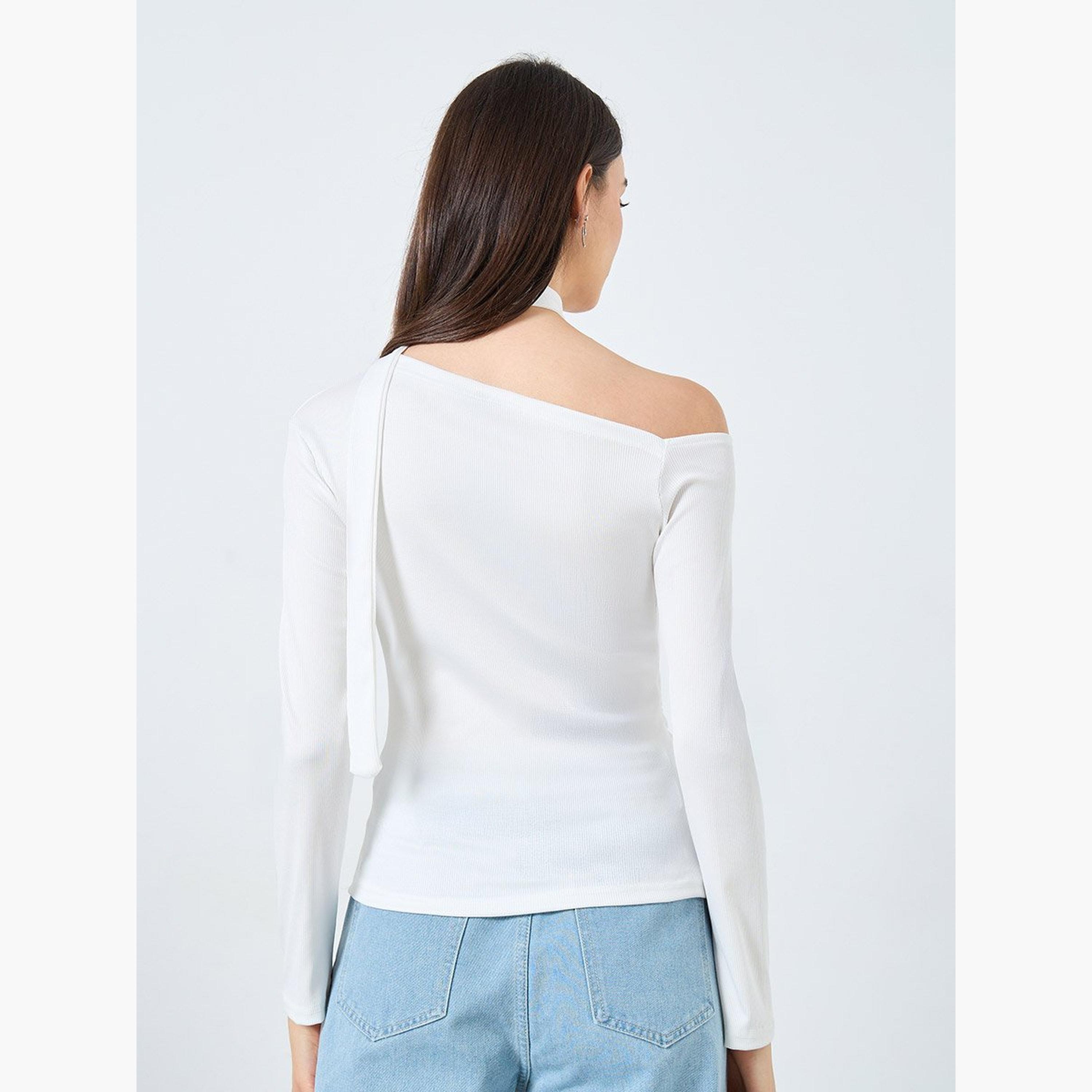 تيك تو - بلوزة بيضاء بأكمام طويلة وكتف واحد-women-clothing-shirtsandblouses-blouses-image-4