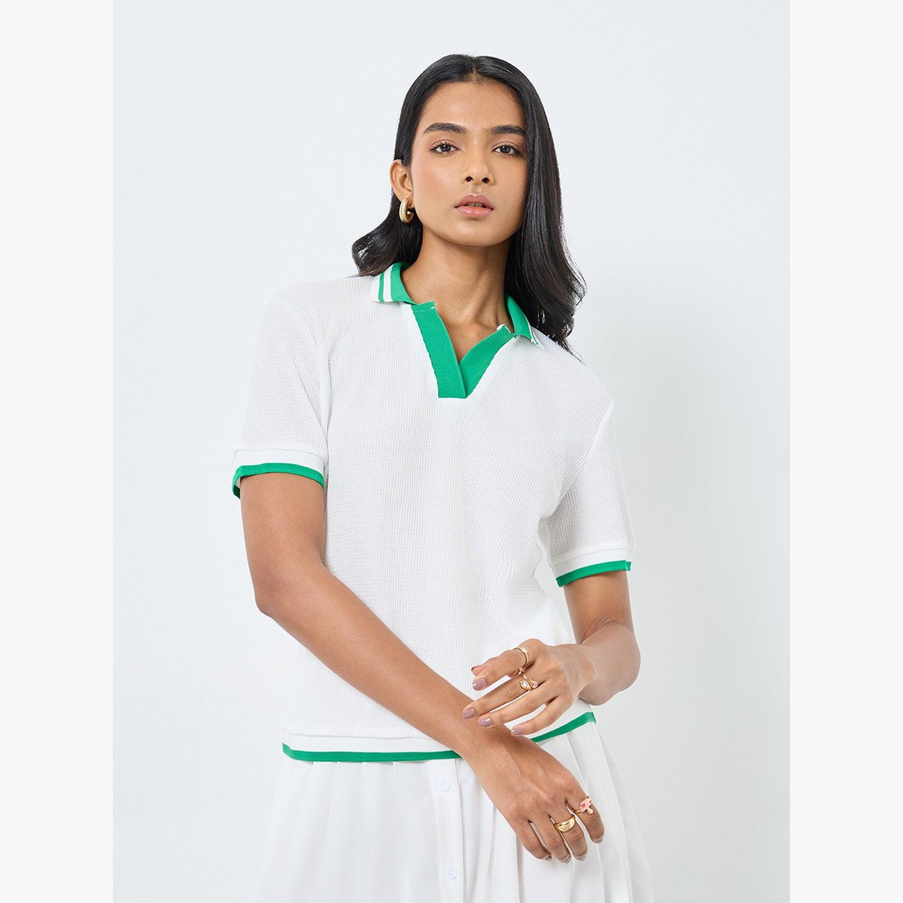 Take Two Women White Polo Top with Green Trim-women-clothing-tshirts-image-1