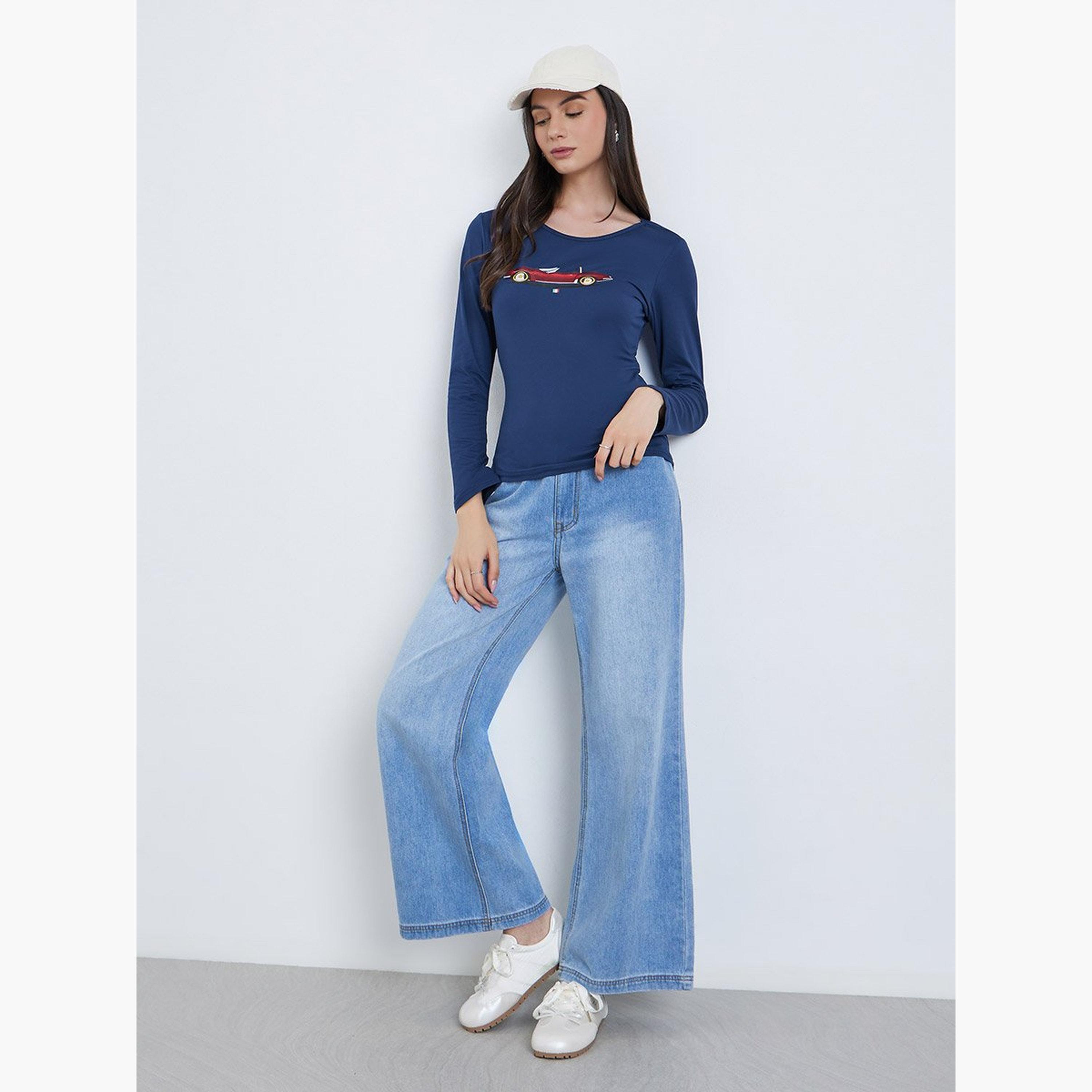 Take Two Navy Blue Long Sleeve Car Print Top-women-clothing-tshirts-image-1