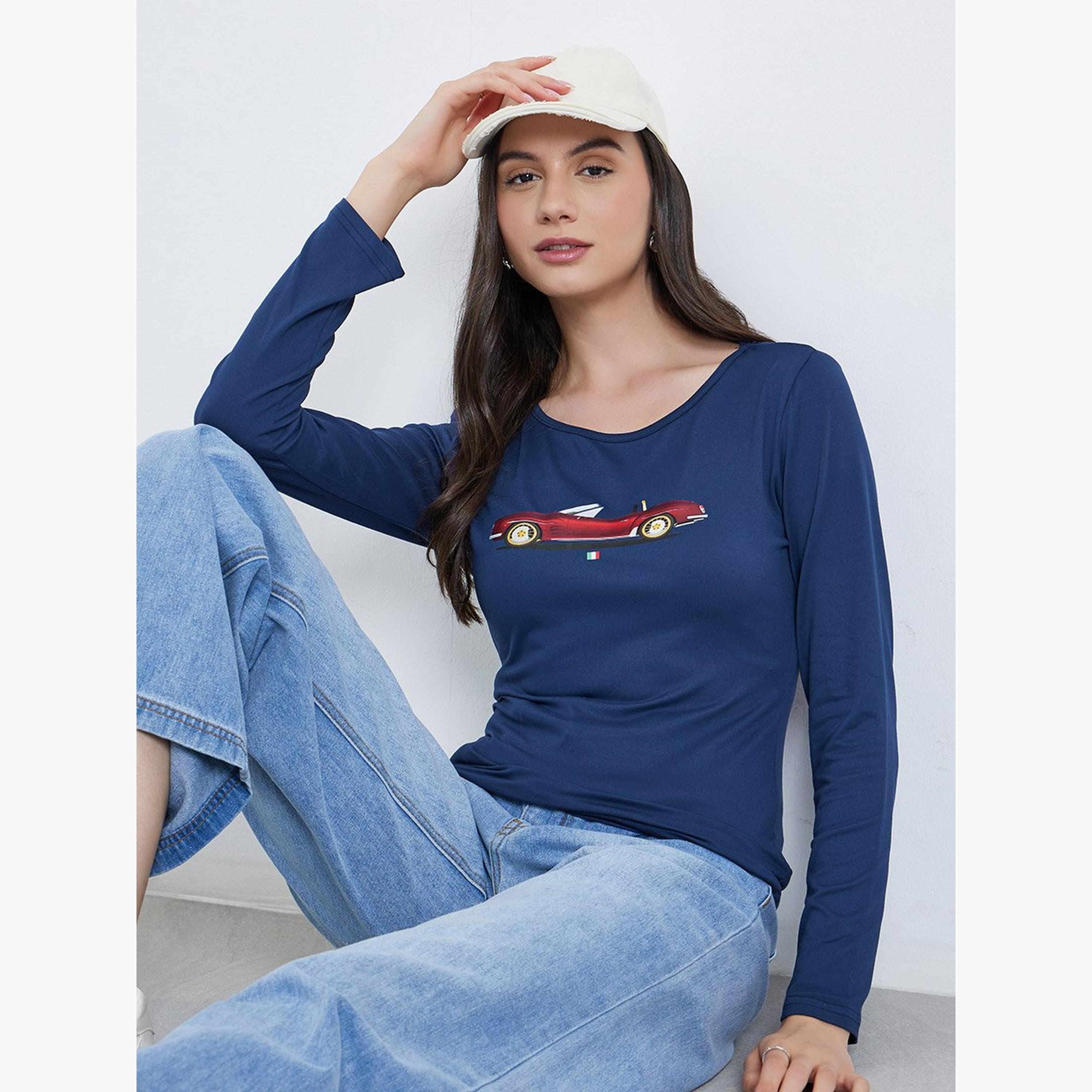 Take Two Navy Blue Long Sleeve Car Print Top-women-clothing-tshirts-image-2