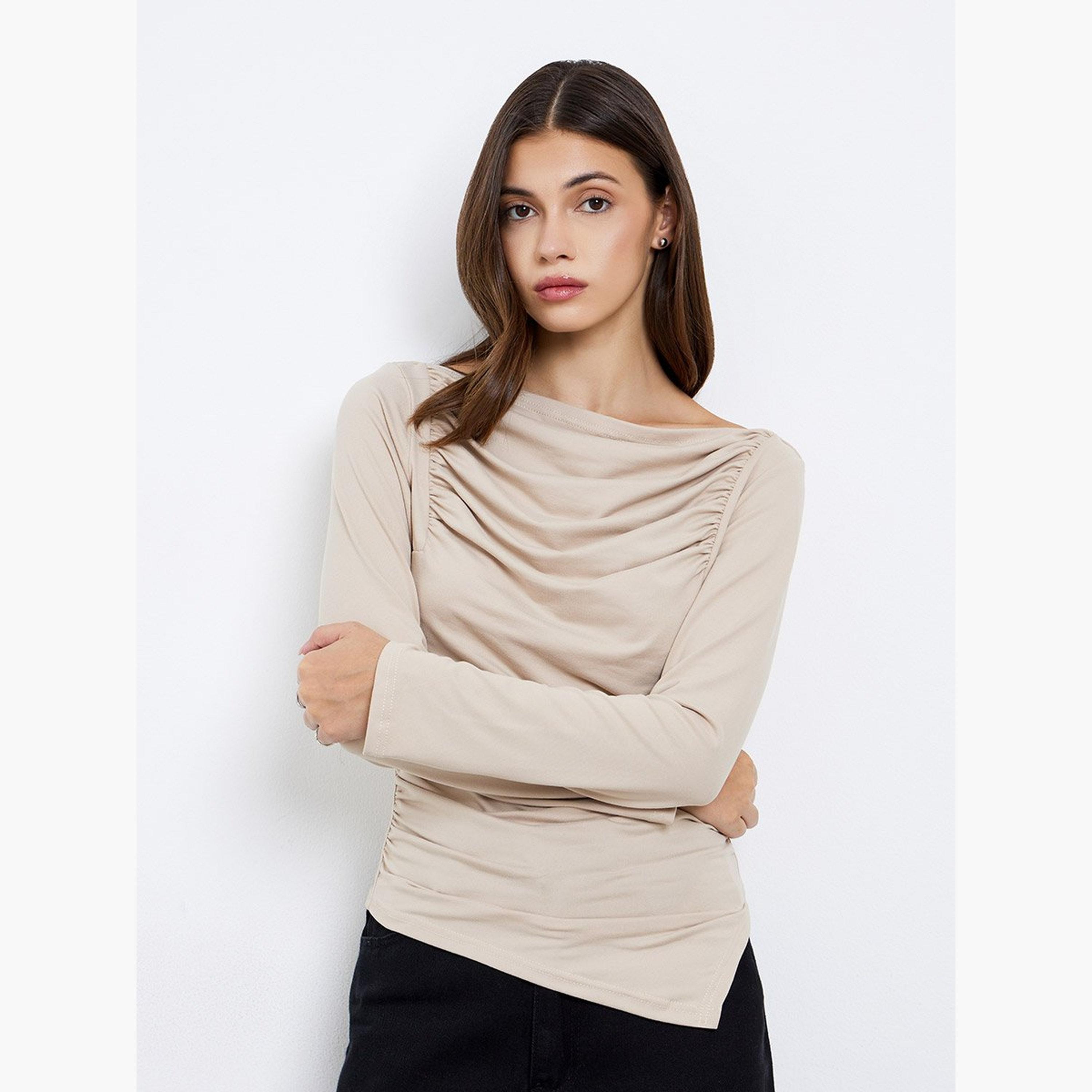 تيك تو - بلوزة للنساء محبوكة بأكمام طويلة وتفاصيل مجمعة-women-clothing-tshirts-image-1