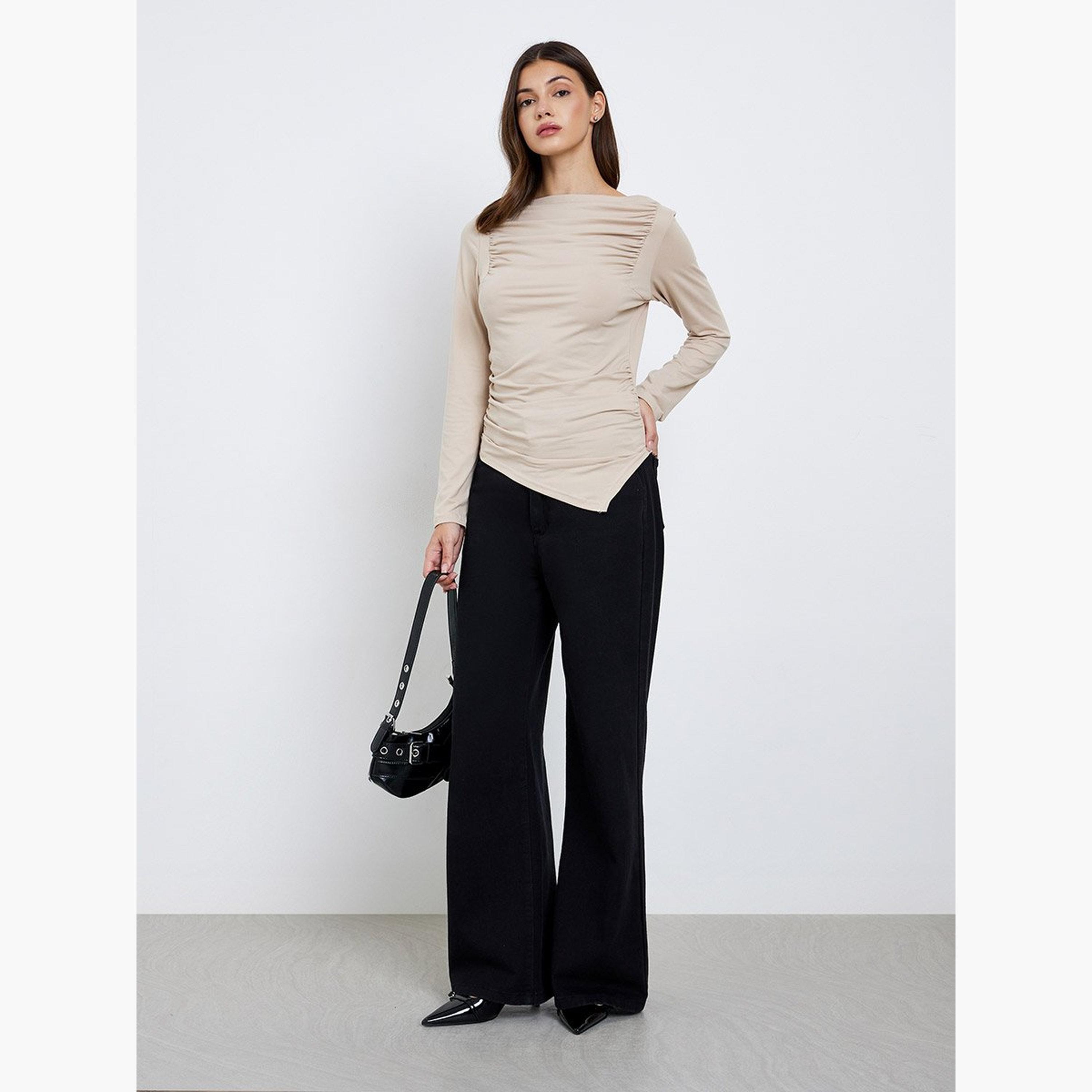 تيك تو - بلوزة للنساء محبوكة بأكمام طويلة وتفاصيل مجمعة-women-clothing-tshirts-image-2