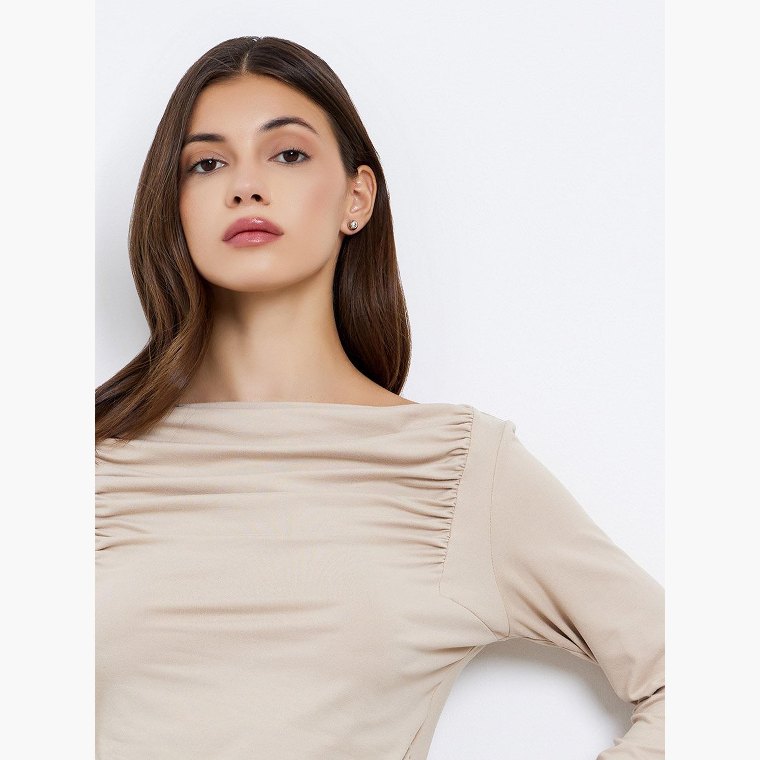 تيك تو - بلوزة للنساء محبوكة بأكمام طويلة وتفاصيل مجمعة-women-clothing-tshirts-image-3