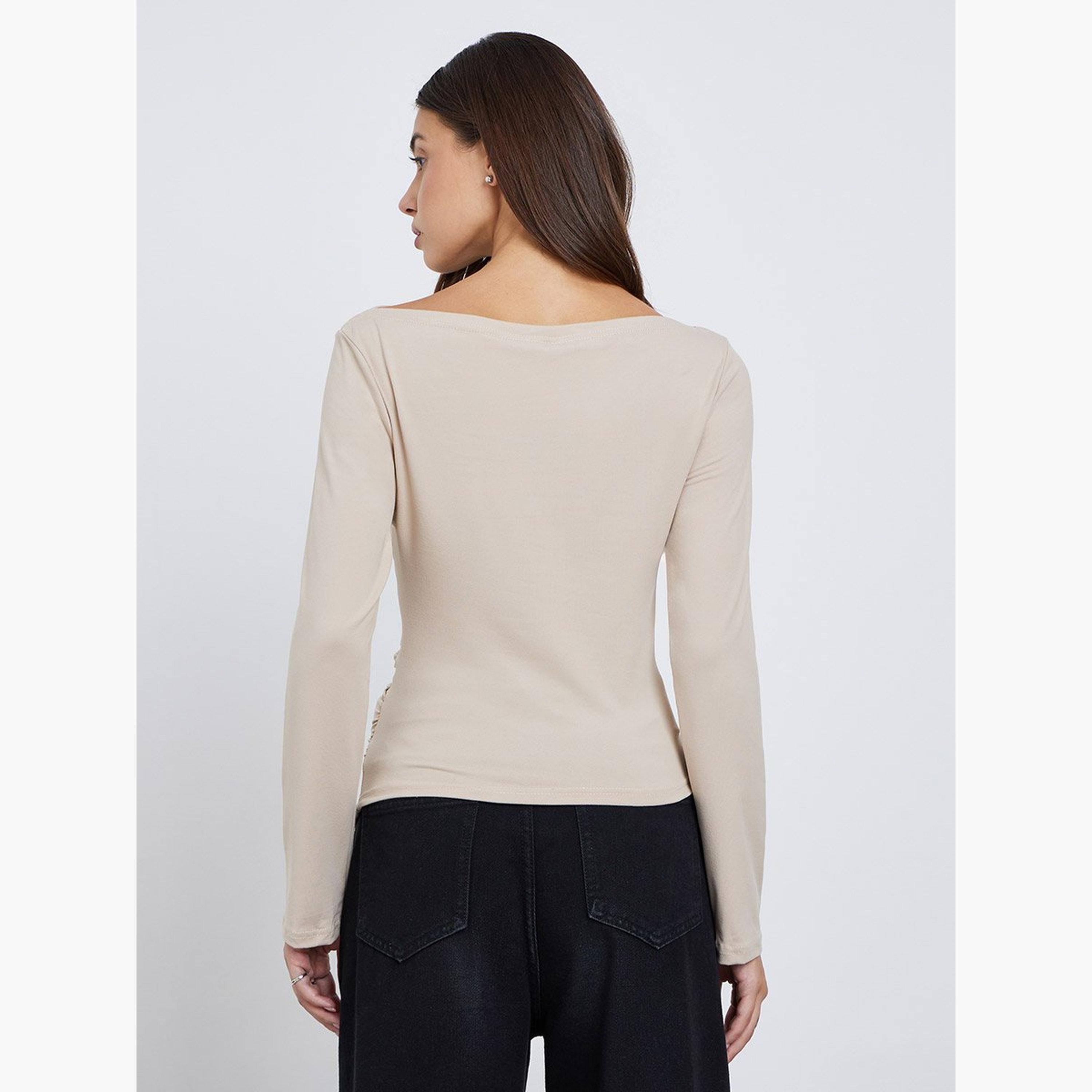 تيك تو - بلوزة للنساء محبوكة بأكمام طويلة وتفاصيل مجمعة-women-clothing-tshirts-image-4