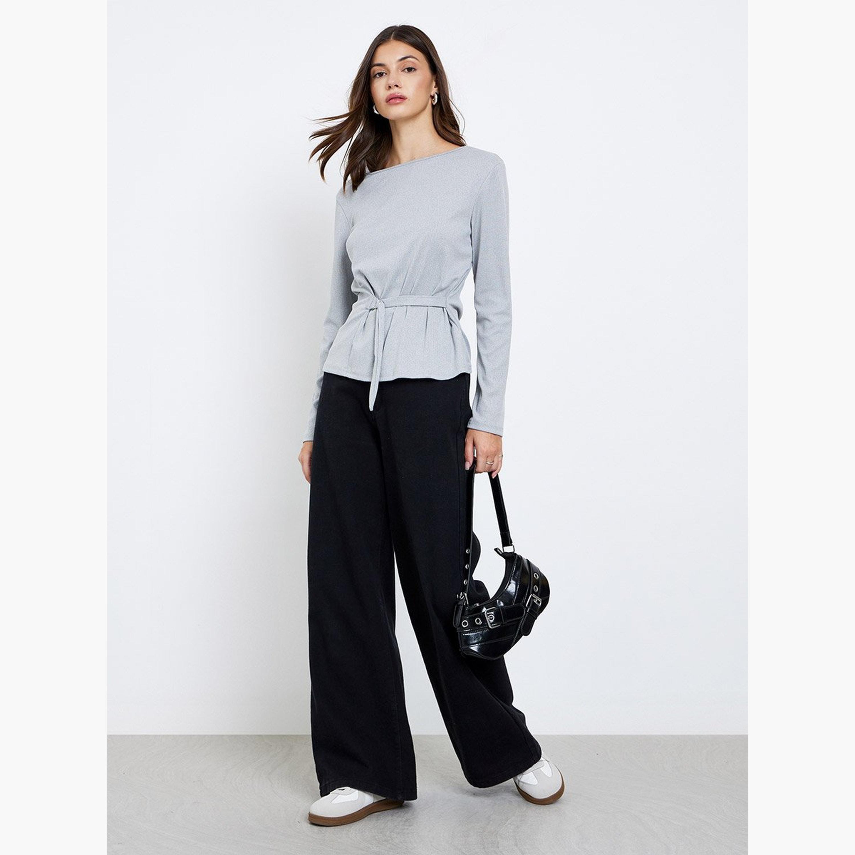 تيك تو - بلوزة رمادية محبوكة بتفاصيل ربط-women-clothing-tshirts-image-1