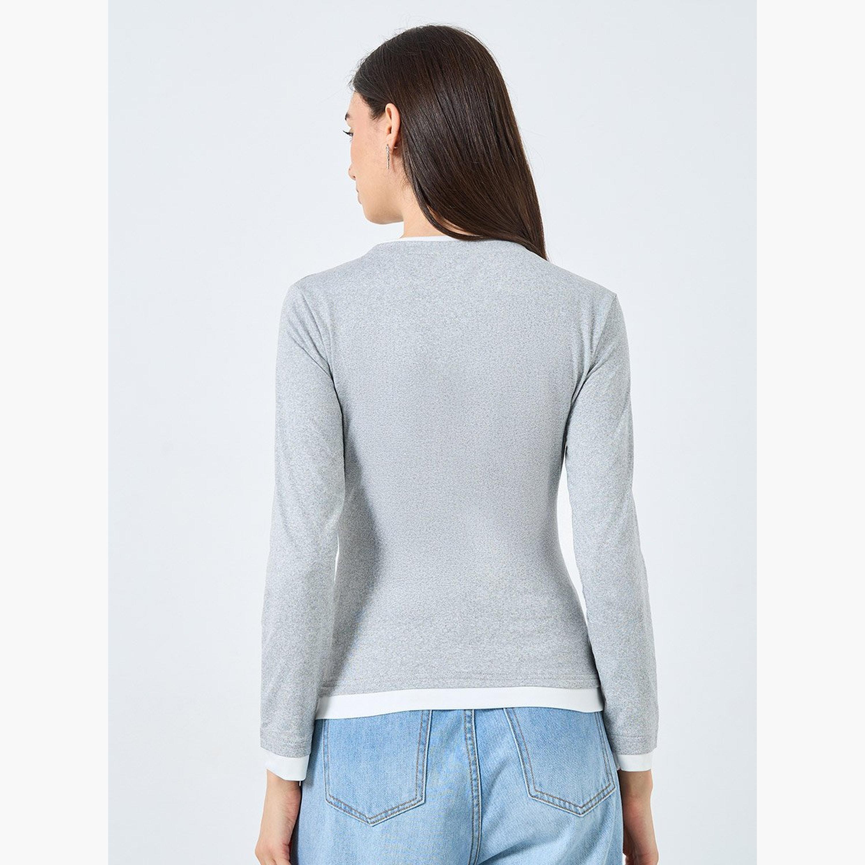 تيك تو - بلوزة محبوكة مزيفة من قطعتين بحواف متباينة-women-clothing-tshirts-image-4