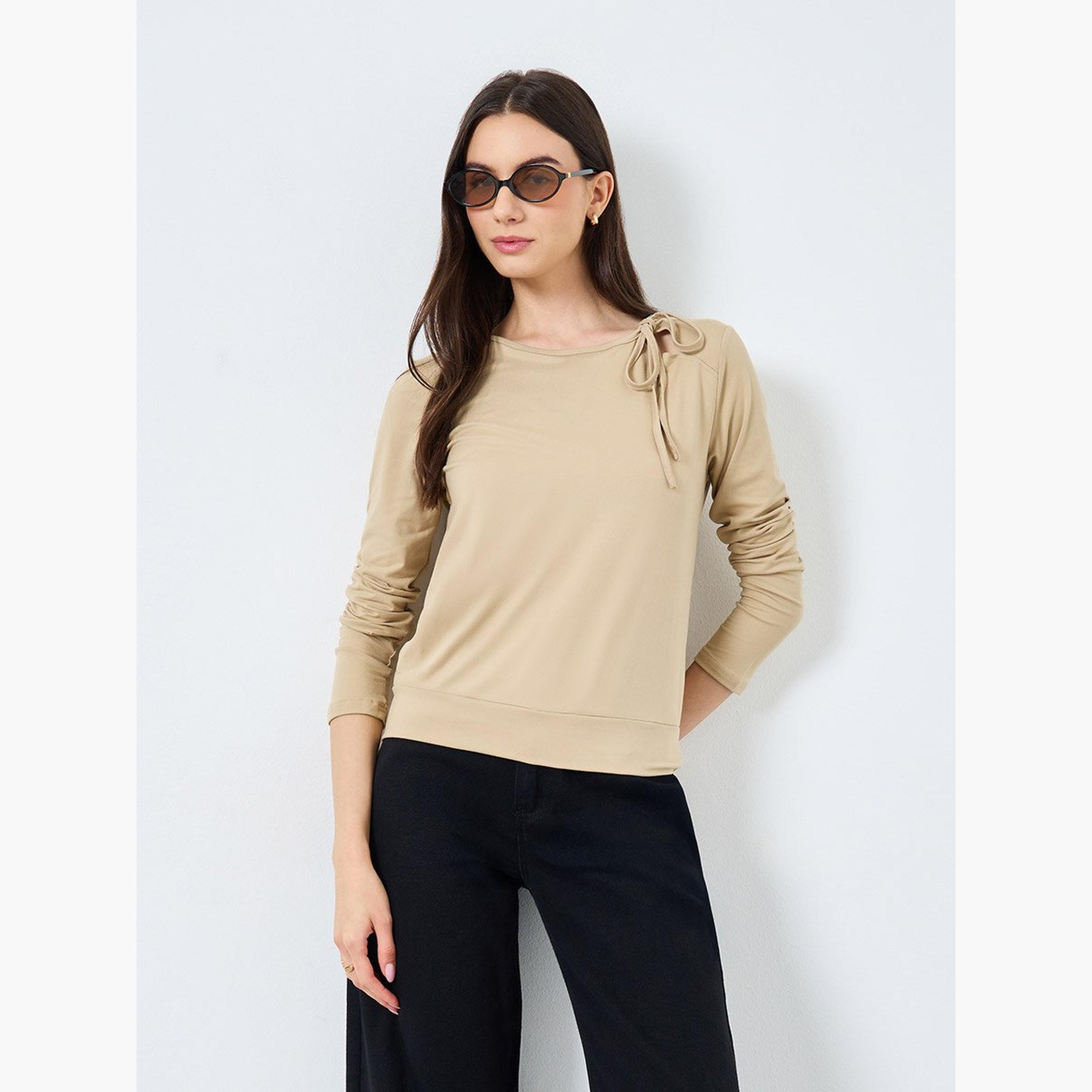 Take Two Beige Long Sleeve Tie Neck Blouse-women-clothing-shirtsandblouses-blouses-image-1