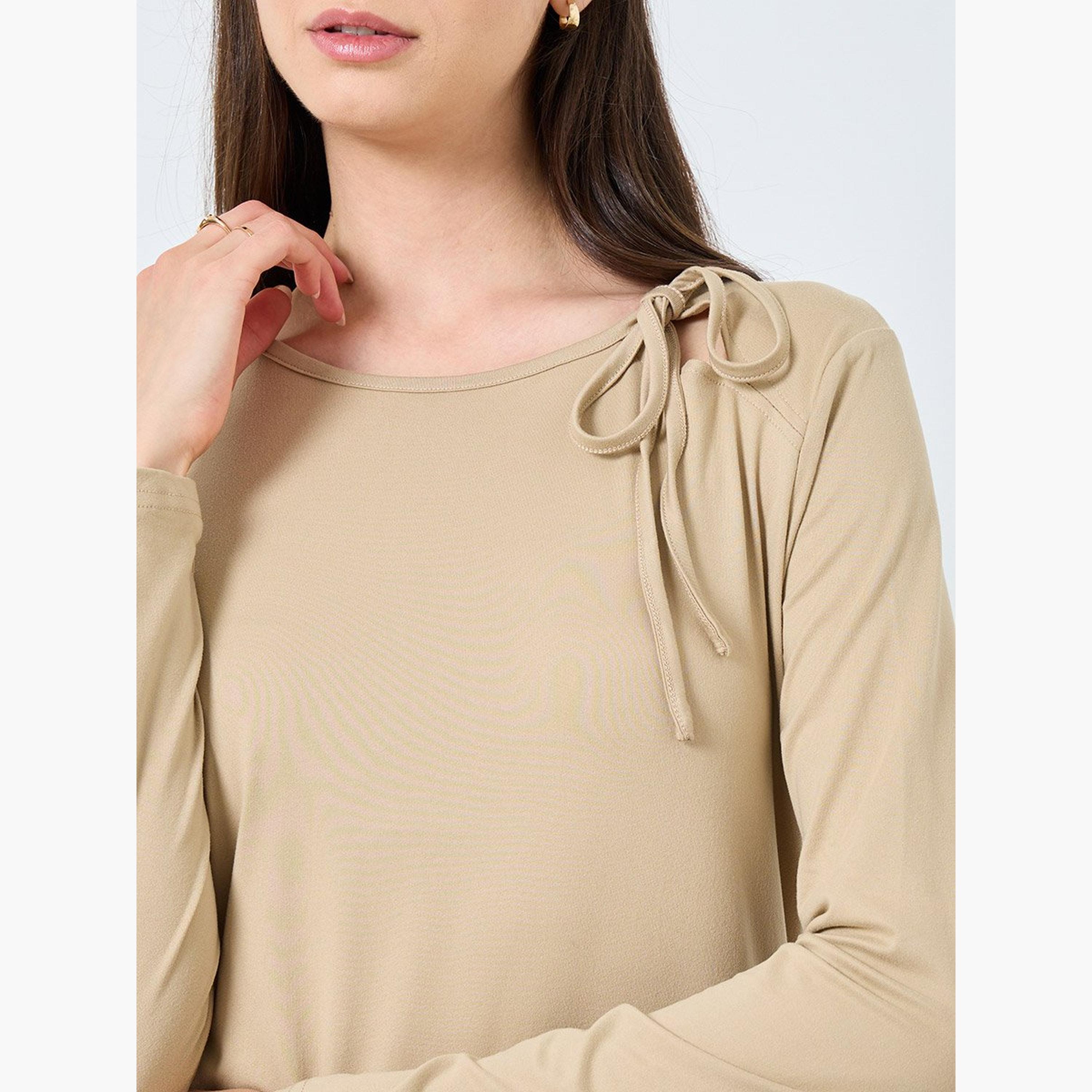 Take Two Beige Long Sleeve Tie Neck Blouse-women-clothing-shirtsandblouses-blouses-image-3