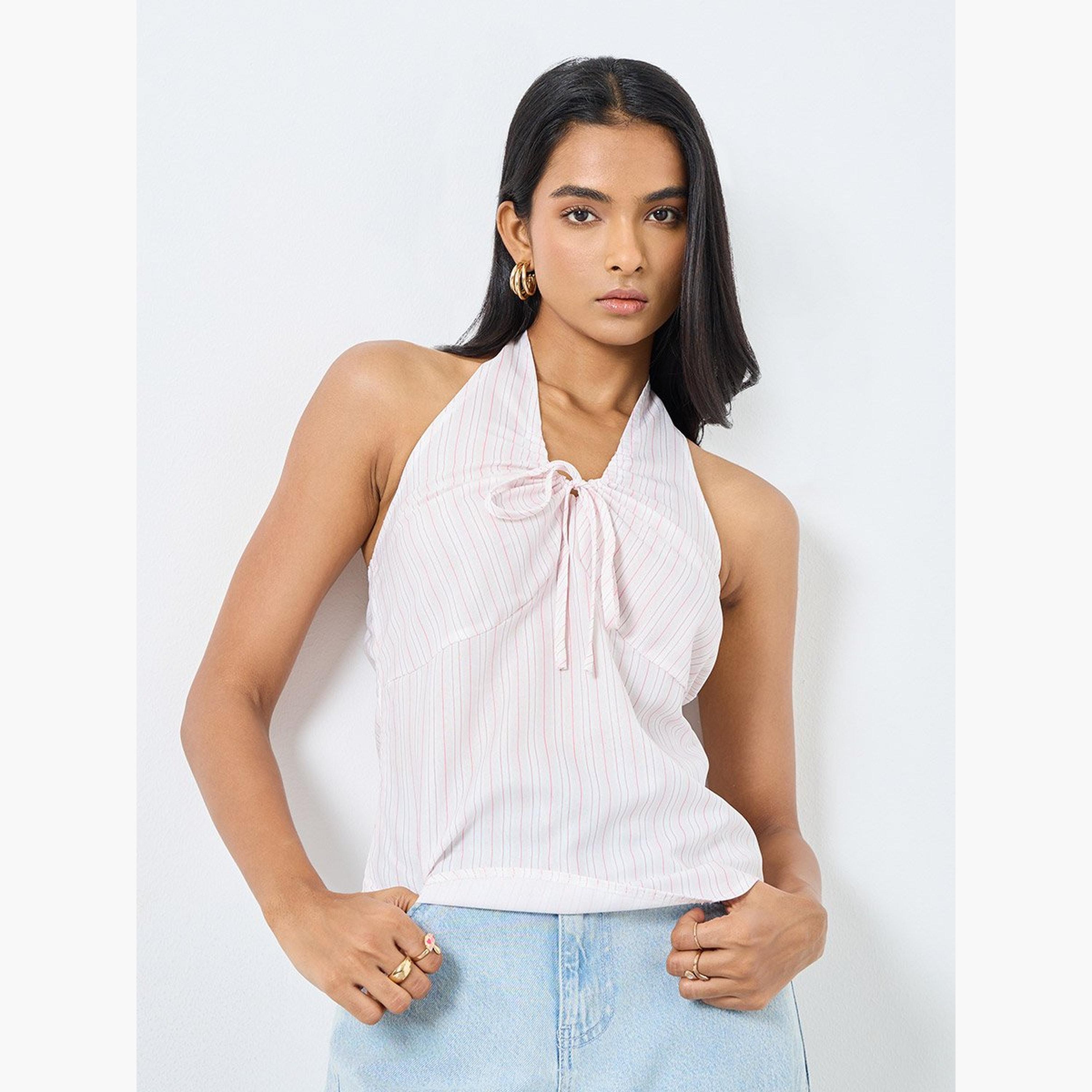 Take Two Striped Halter Neck Tie Up Detail Top-women-clothing-shirtsandblouses-blouses-image-1