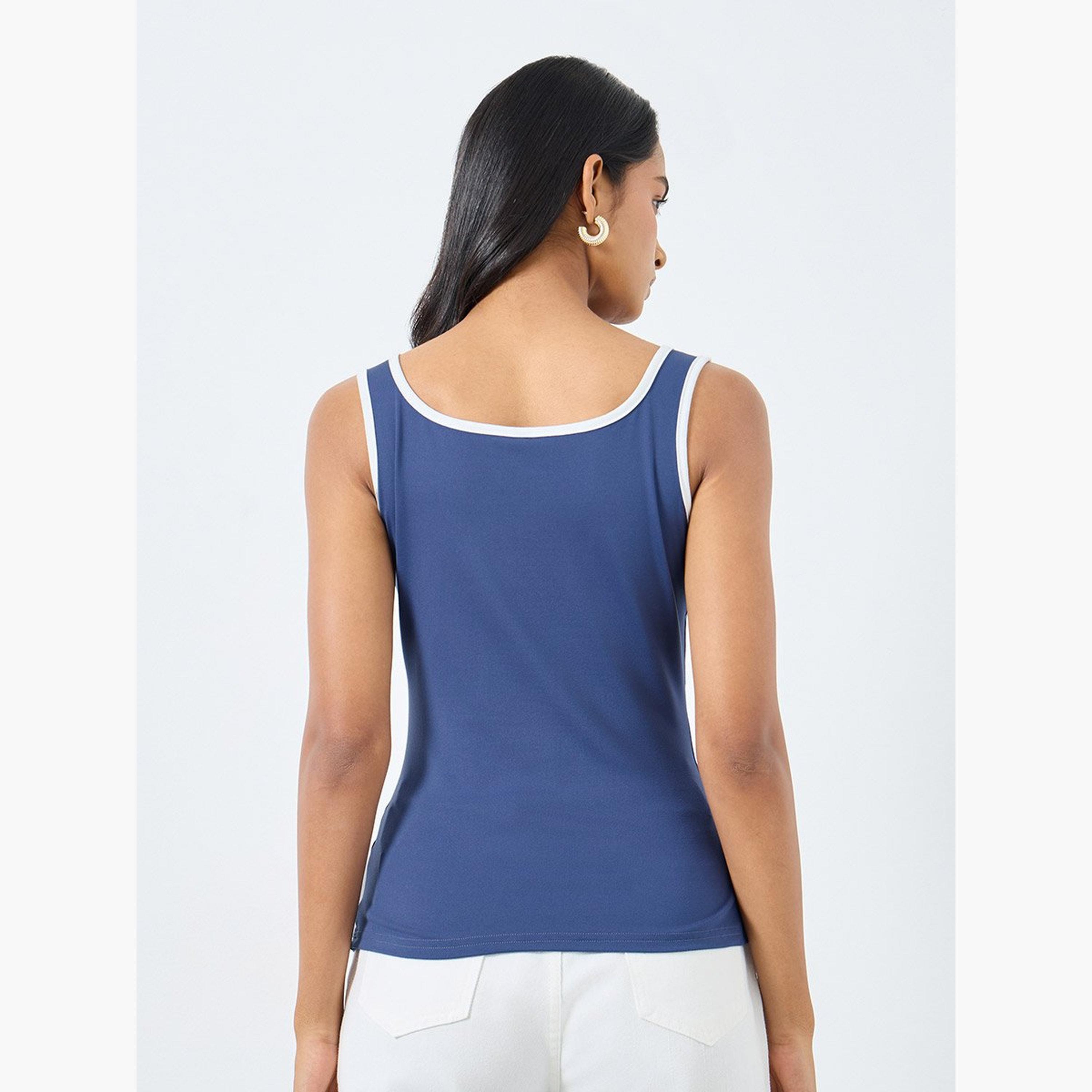 تيك تو - بلوزة كامي محبوكة بحواف متباينة-women-clothing-tshirts-image-4