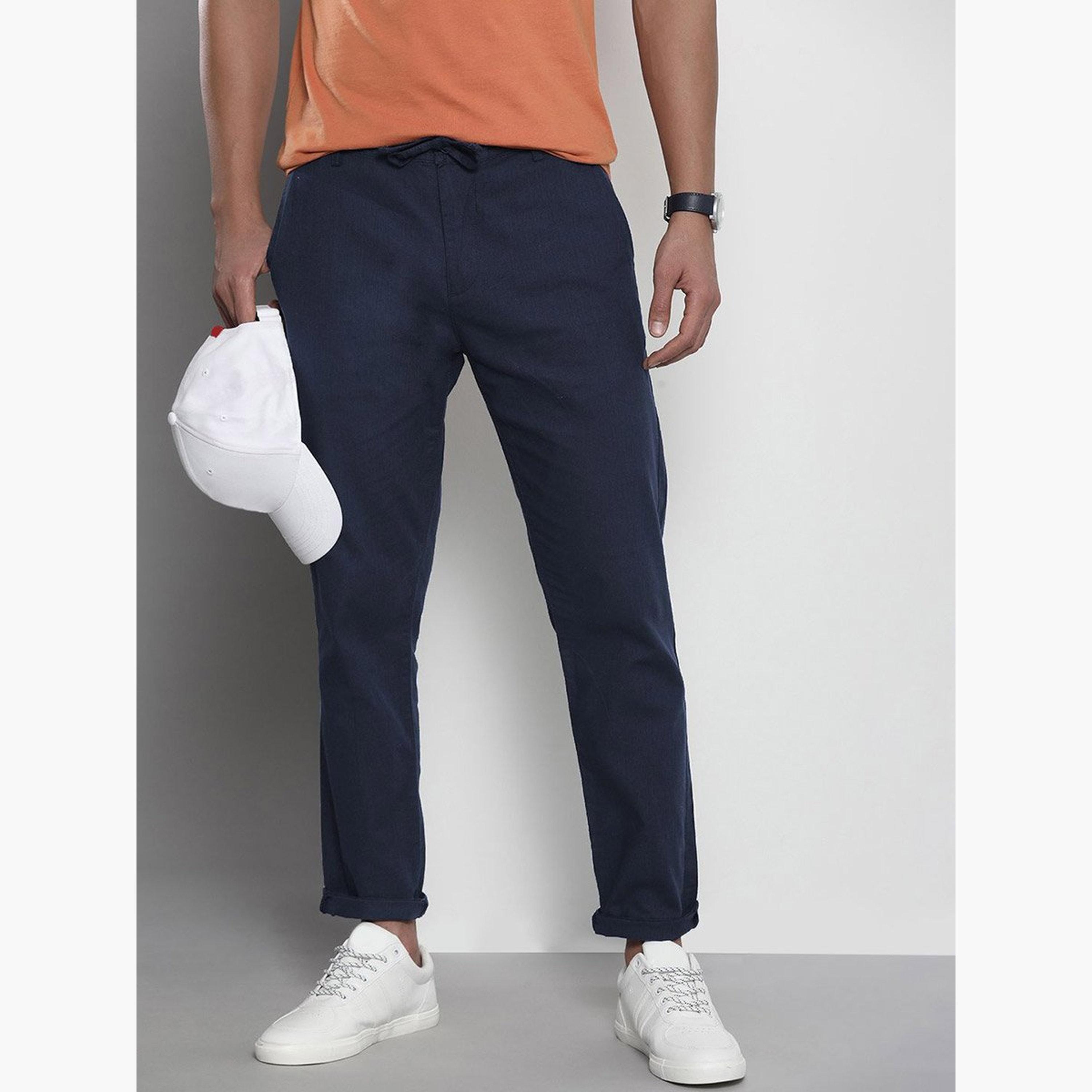 ذا انديان كراج كو × ستايلي - بنطال للرجال قطني ضيق باللون الأزرق الداكن-men-clothing-bottoms-trousersandchinos-trousers-image-1